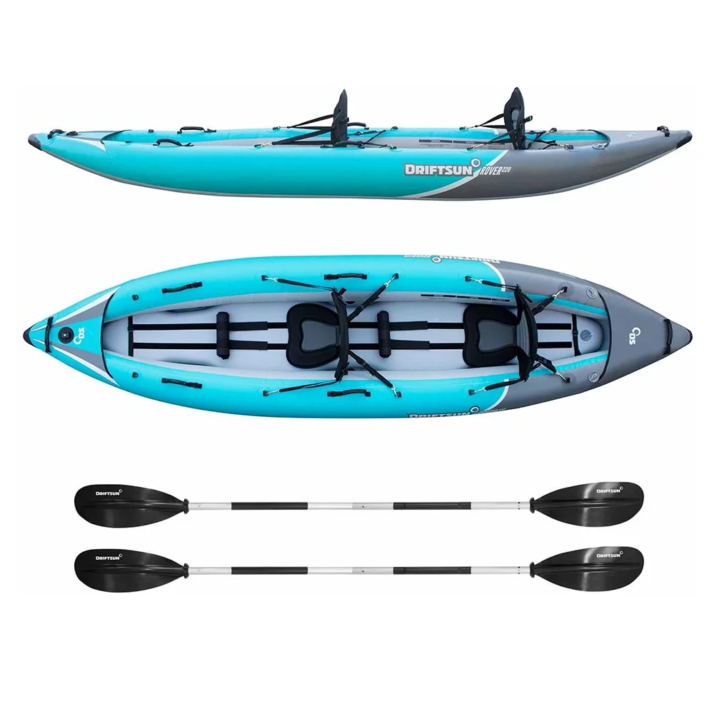 Driftsun Rover 220 Inflatable Tandem Kayak – 2 Person White Water Performance Kayak with High Pressure Floor, EVA Padded Seats with High Back Support, Aluminum Paddles, Pump and More