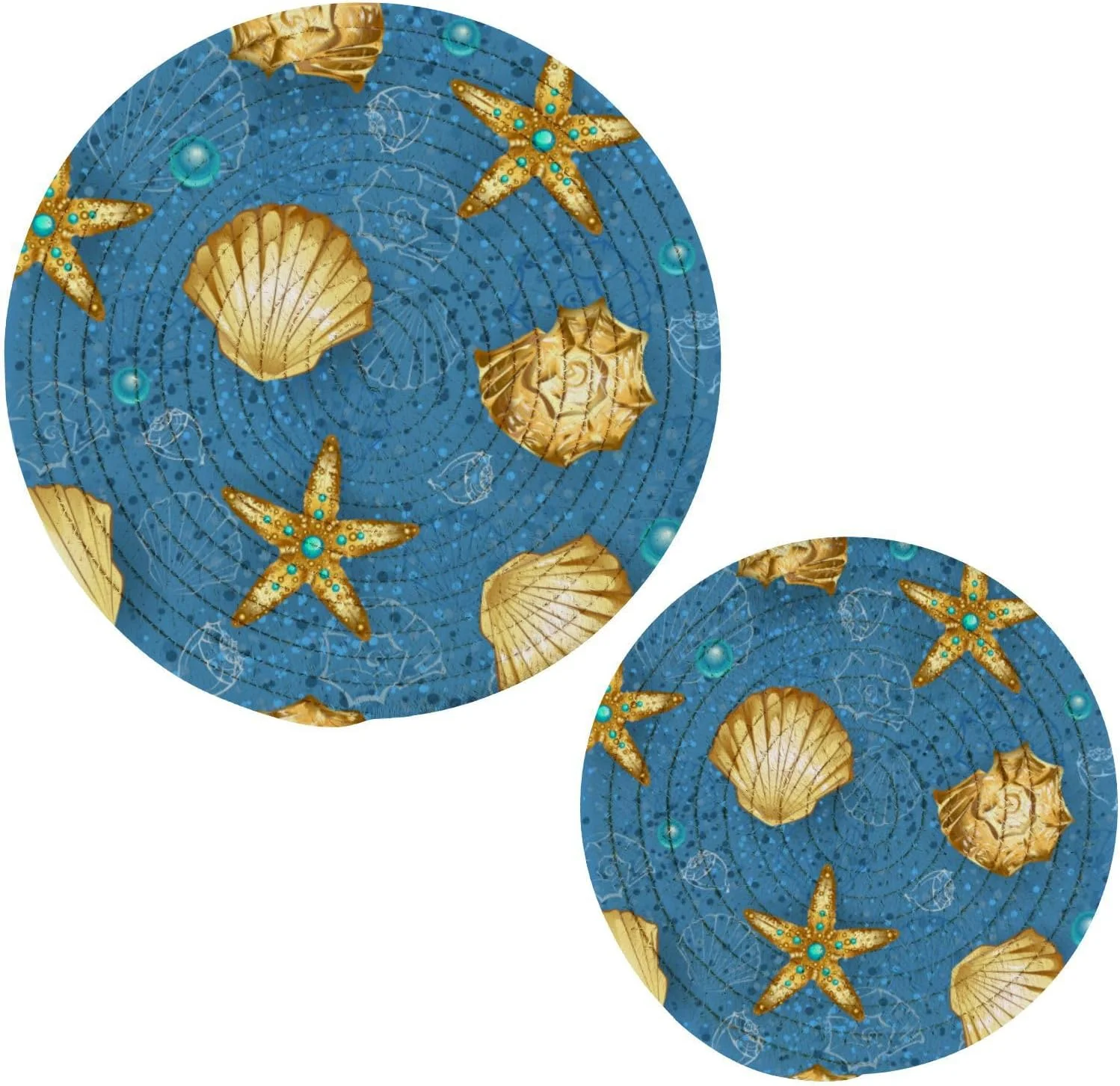 SKYSONIC Pot Holders Trivets set, 2 Pcs,Gold Seashells and Starfish Potholders for Kitchen Thread Weave Trivets for Hot Dishes/Pot/Bowl/Teapot/Hot Pot Holders