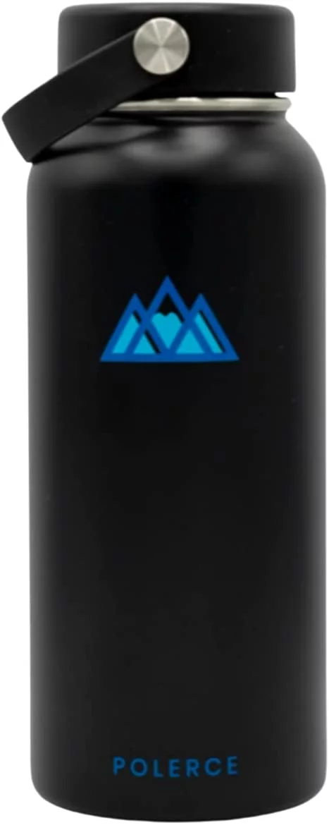 Polerce Sports Vacuum Insulated Water Bottle - Stainless Steel Double Wall Stays Hot or Stays Cold - 32 Oz - Black