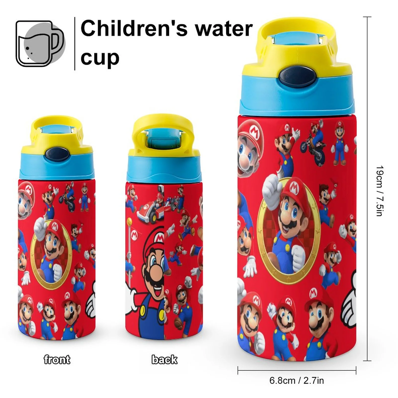 Mario Character Kid's Insulated Water Bottle With Straw Vacuum Stainless Steel Cup Leak-Proof Children Toddler Thermoses