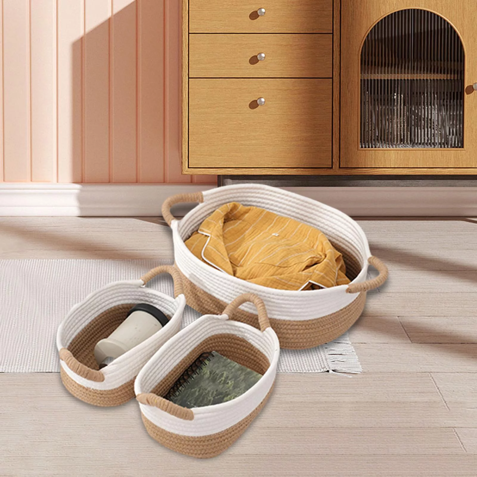3Pcs Rope Woven Rope Storage Basket Storage Bins Handcrafted Cat Dog Toy Baskets Rectangle Storage Basket for Tabletop Office Clothes Books Shoes