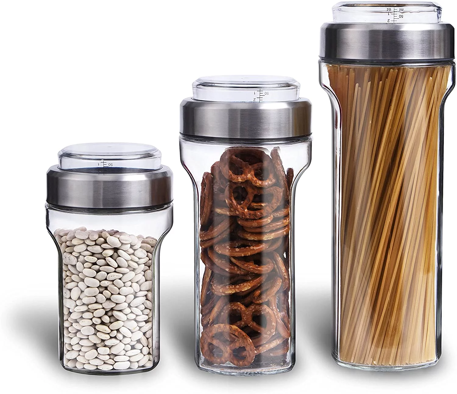 Elemental Kitchen Glass Jar Food Storage Container Set w/ Stainless Steel Measuring Cup Lids - 3 Piece Set