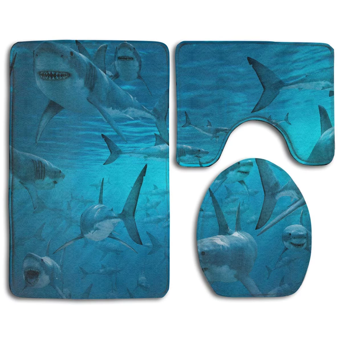 PUDMAD Ocean Shark Frenzy 3 Piece Bathroom Rugs Set Bath Rug Contour Mat and Toilet Lid Cover