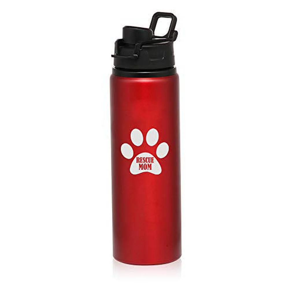 MIP Brand 25 oz Aluminum Sports Water Travel Bottle Paw Print Rescue Mom (Red)