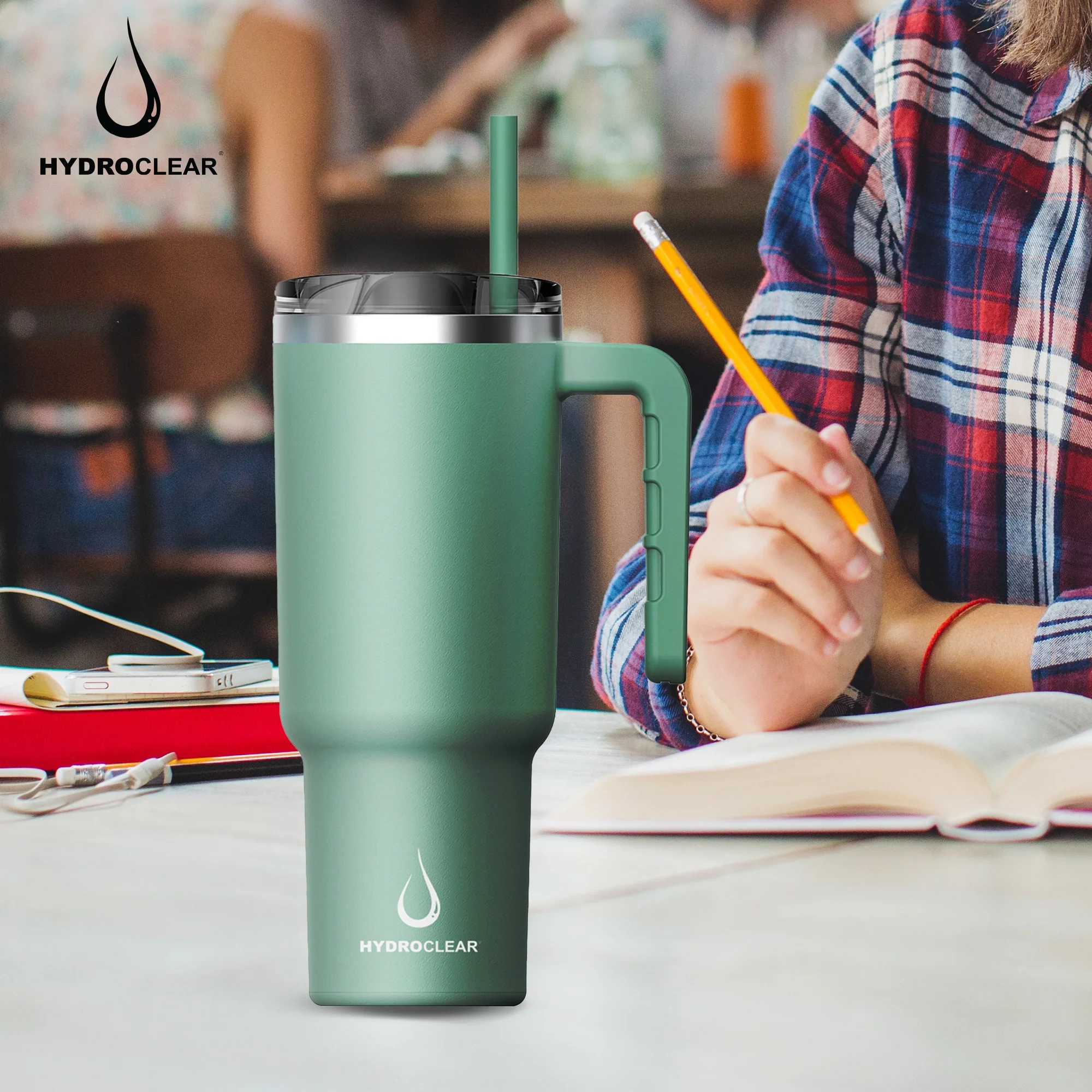 Hydroclear Stainless Steel 40 oz Tumbler with Handle (Green)