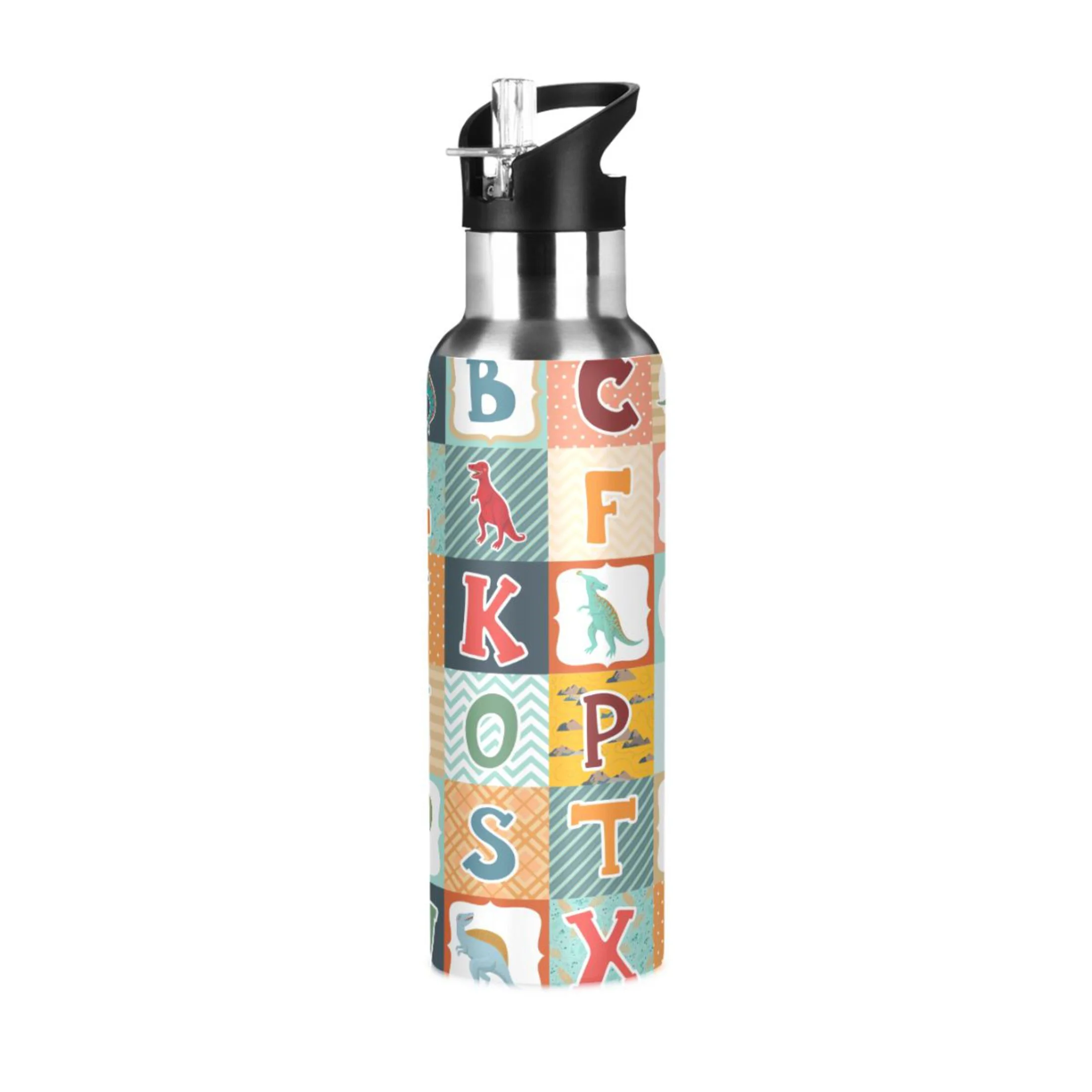 Water Bottle with Straw Lid Leak Dinosaur Alphabet Doodle Stainless Steel Insulated Thermos Vacuum Flask for Cold Hot Drinking for Sports Camping Gym Yoga