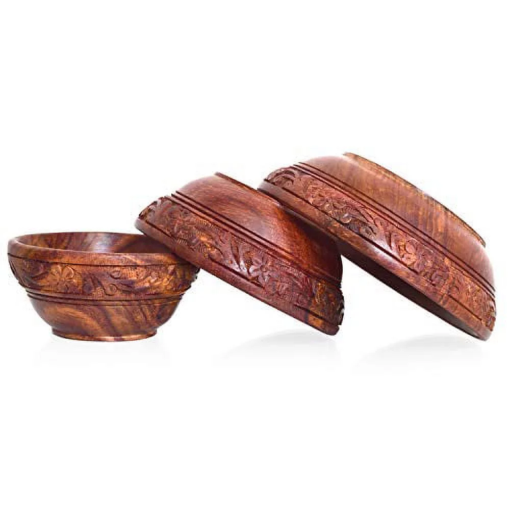 Sheesham Wood Handmade Handcarved Floral Design Serving Bowls Best for Dry Fruits, Set of 3 For Dinning Gift Home Decor