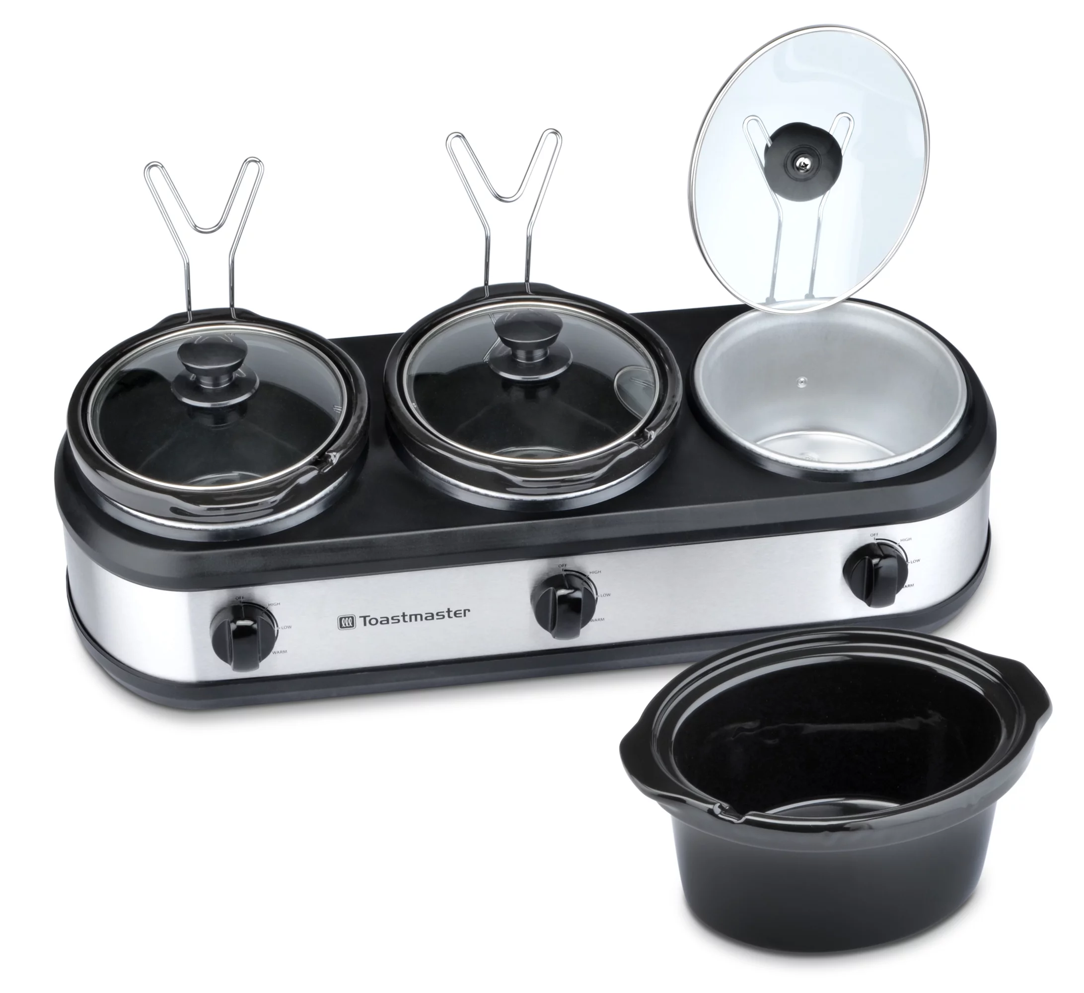 Toastmaster Triple 1.5 Qt Slow Cooker, Stainless Steel Buffet Server with Black Accents, Model TM-318BS