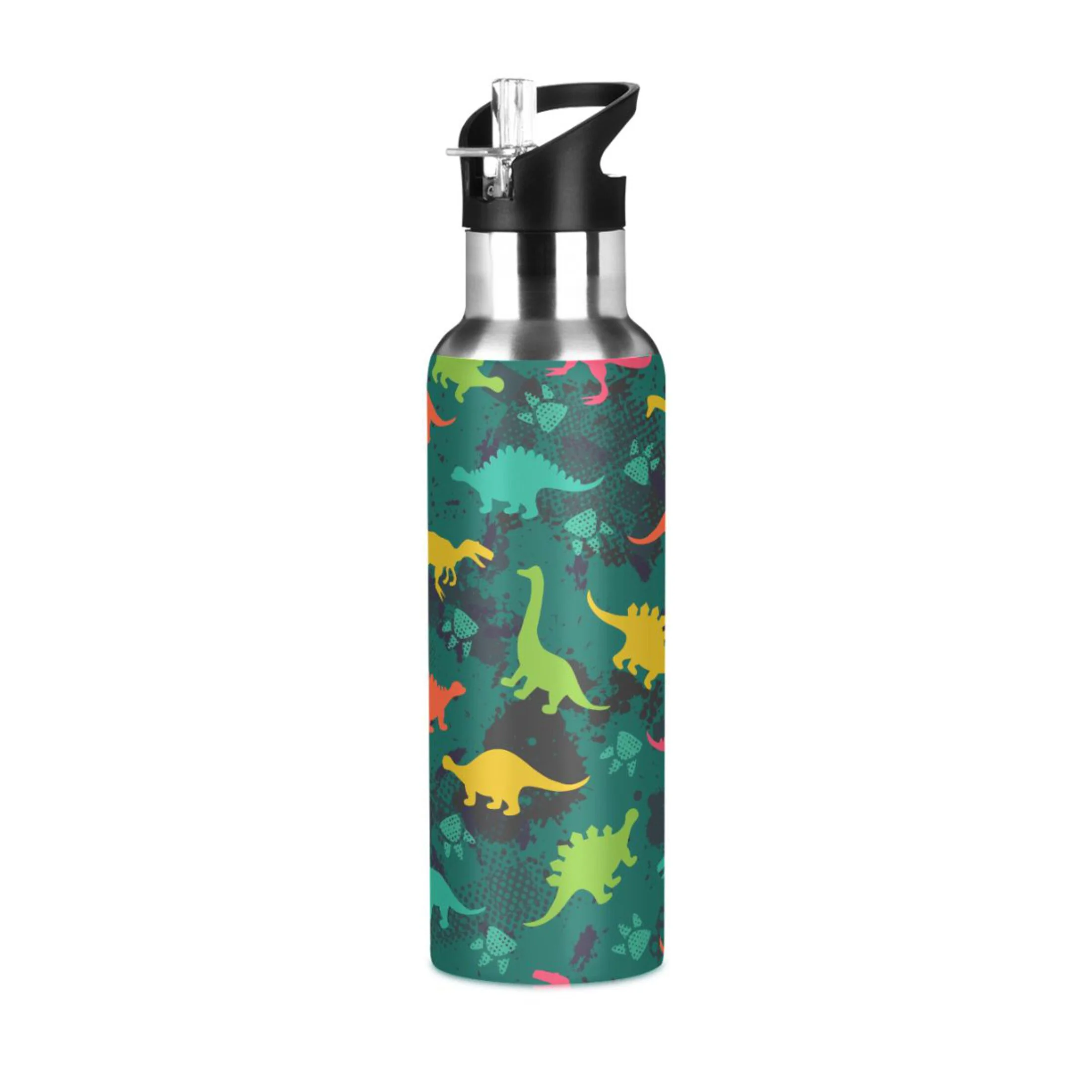 Stainless Steel Water Bottle Colorful Dinosaurs on Abstract Grunge with Straw Lid Vacuum Insulated Keeps Hot and Cold Leak Proof Flask Jug for Gym Travel Sports Cycling Outdoor 20 OZ