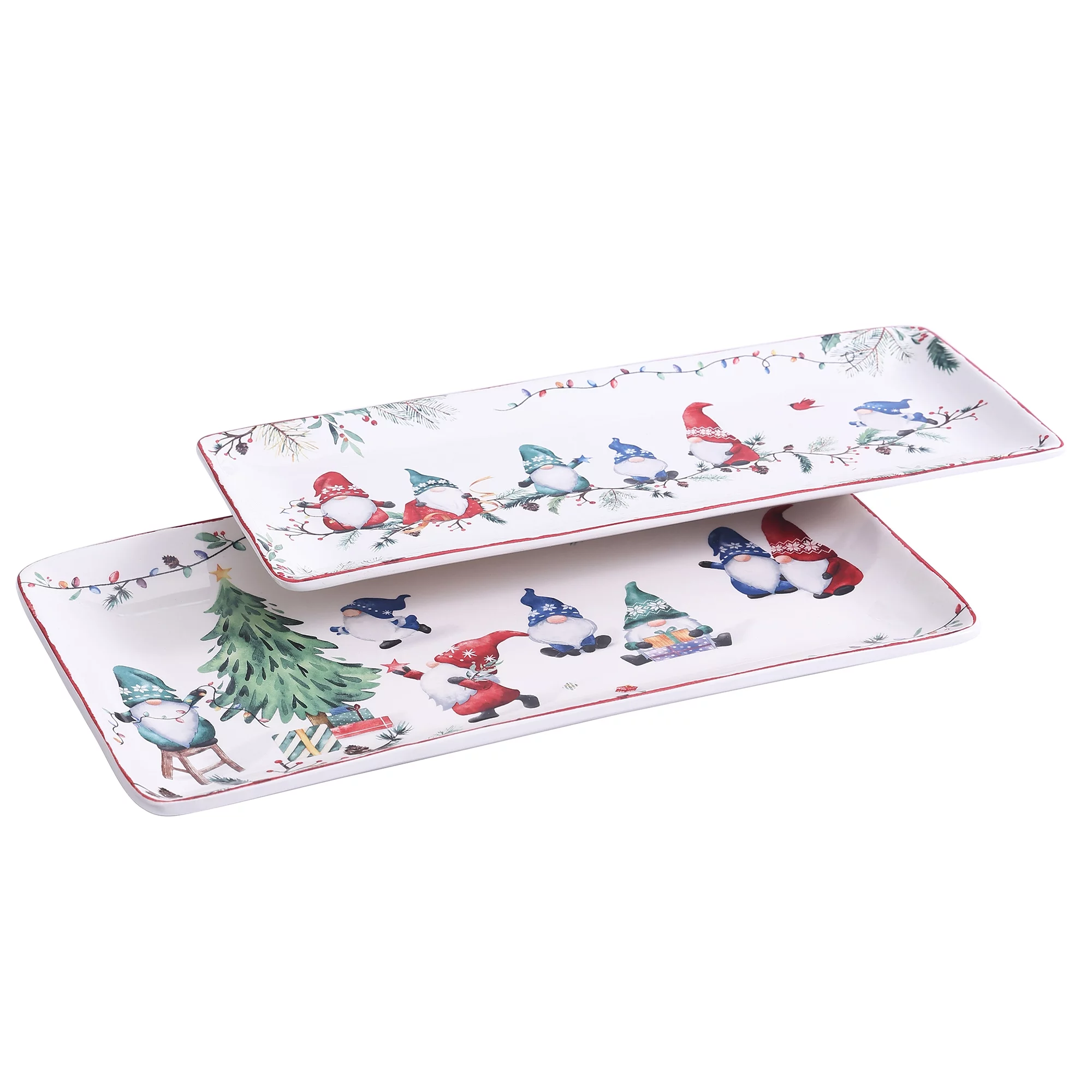 Bico Christmas Gnomes Ceramic 14 inch Rectangular Serving Platter, Set of 2, for Serving Salad, Pasta, Cheese, Ham, Appetizer, Microwave & Dishwasher Safe