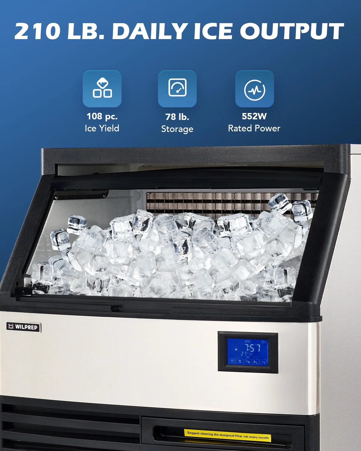 WILPREP Ice Machine 210lb Daily Production with 78lb Storage and Control Panel, ETL Listed Ice Cube Maker
