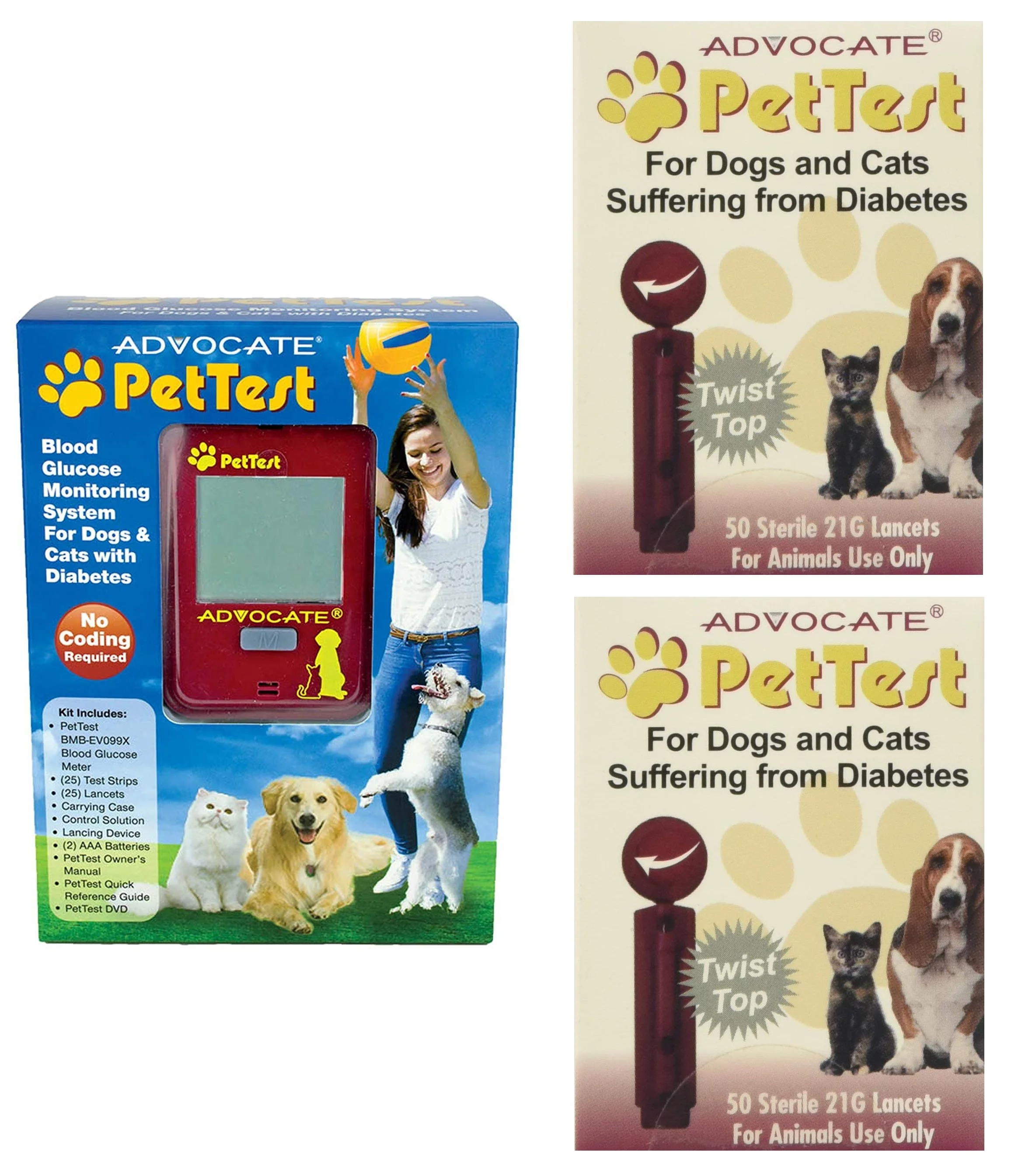 Advocate PetTest Blood Glucose Monitoring System for Dogs and Cats with Diabetes and 100 Sterile 21G Lancets, Twist Top