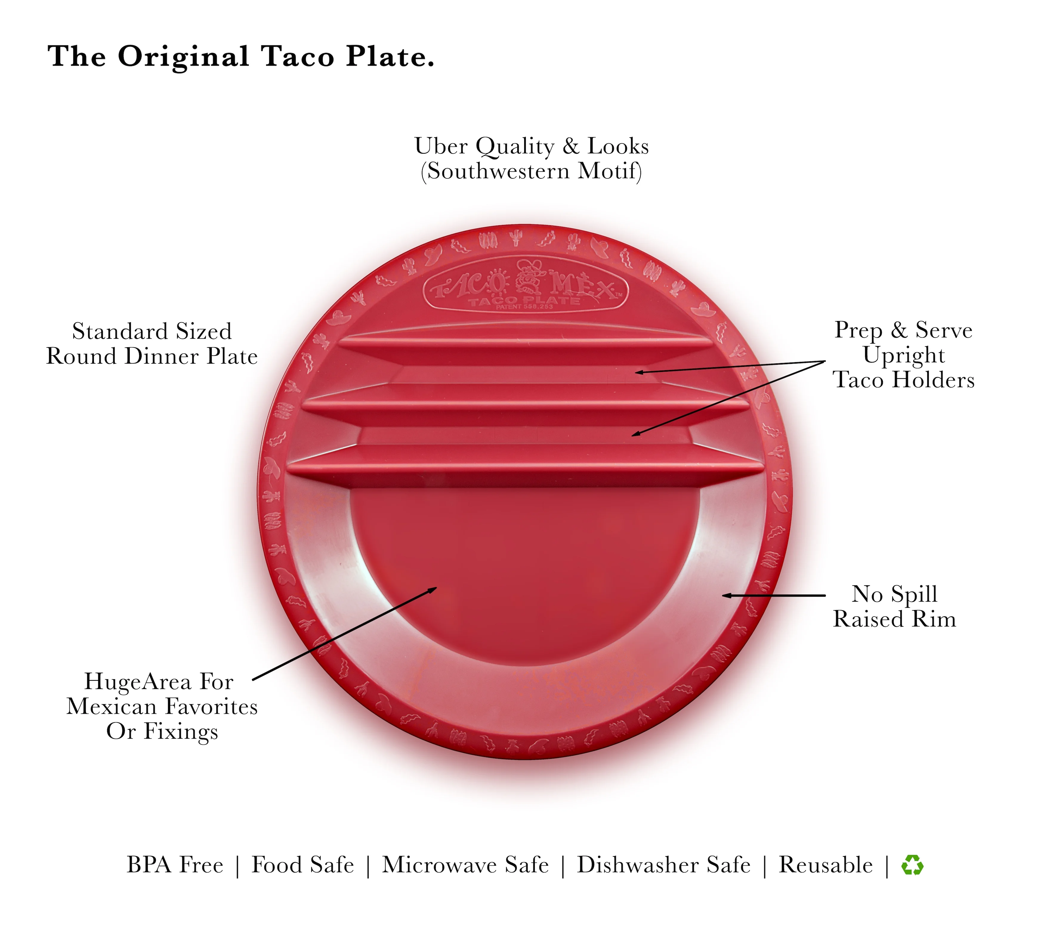 Smartwares Taco Mex Taco Plate, Reusable, Round Preparation and Serving Plate, for Soft and Hard Shell Tacos, 10.75 inch Plastic, Uber Quality and Look, Microwave Safe, 4 Pack Set, Red, Made In USA