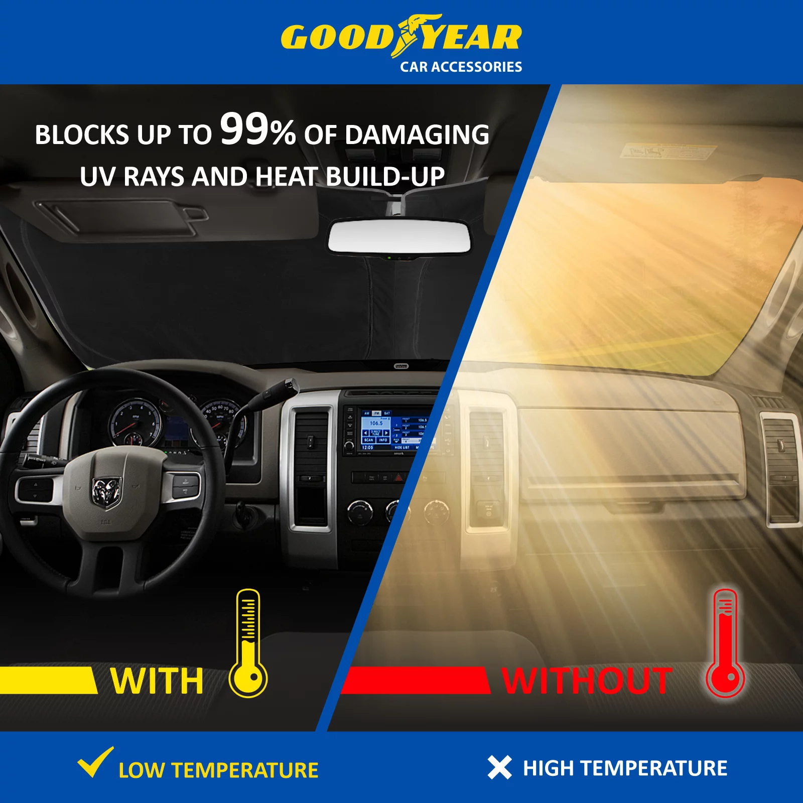 Goodyear Foldable Windshield Sun Shade for Dodge Ram 2009-2018, Custom-Fit Car Windshield Cover, Car Sunshade, Vehicle Sun Protector, Auto Car Window Shades for Front Window - GY008243