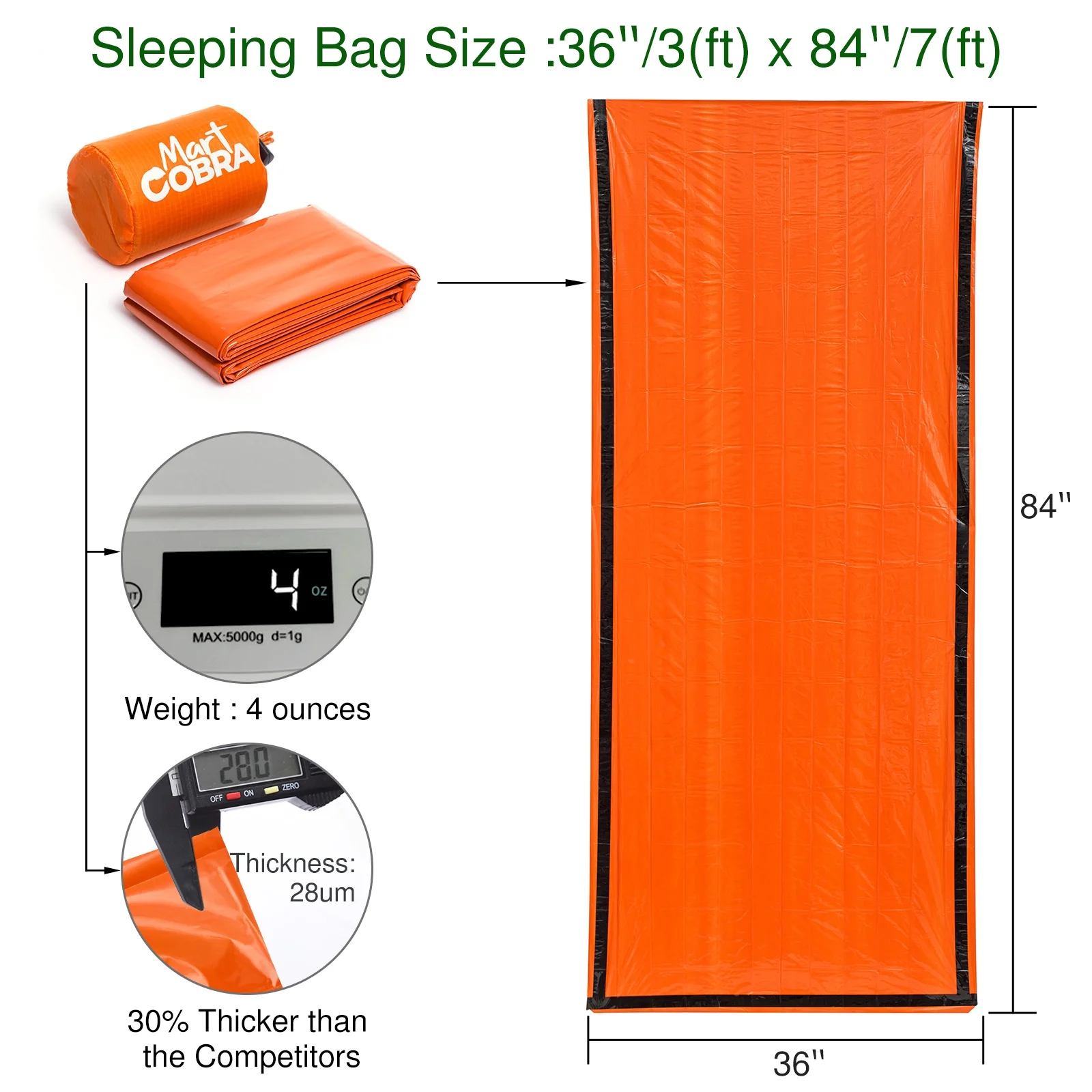 Mart Cobra Emergency Sleeping Bag 3-Pack – Ultra-Lightweight, Thermal Insulated, Waterproof, 84