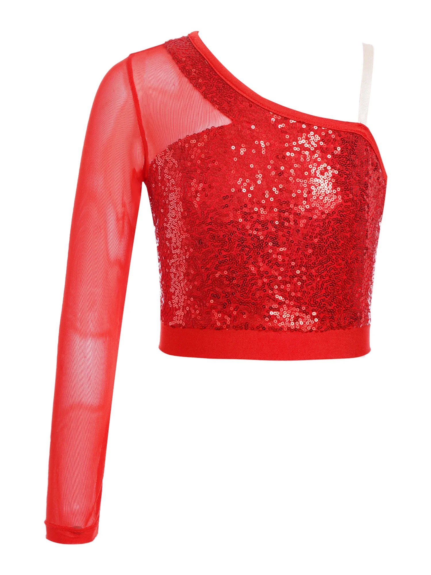 renvena Kids Girls Shiny Metallic Crop Top Long Sleeve Tank Top T-shirt Dance Leotard Gymnastic Hip Hop Jazz Street Size 6-16 Red 12