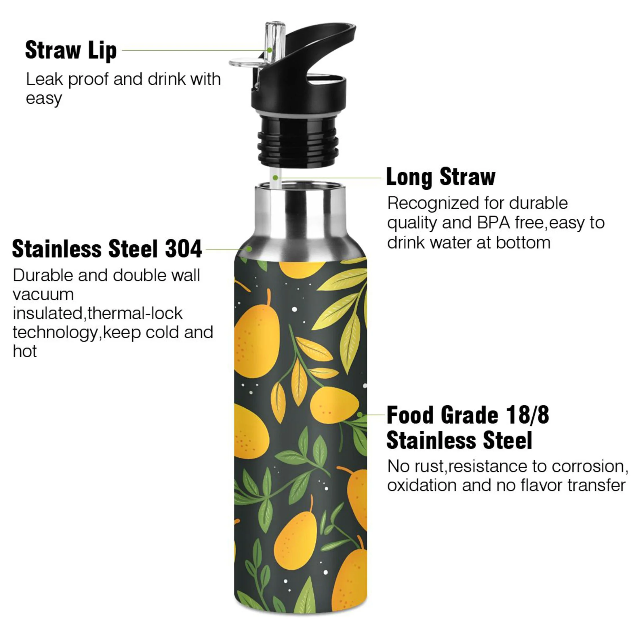 Water Bottle with Straw Lid Leak Pears and Leaves Stainless Steel Insulated Thermos Vacuum Flask for Cold Hot Drinking for Sports Camping Gym Yoga