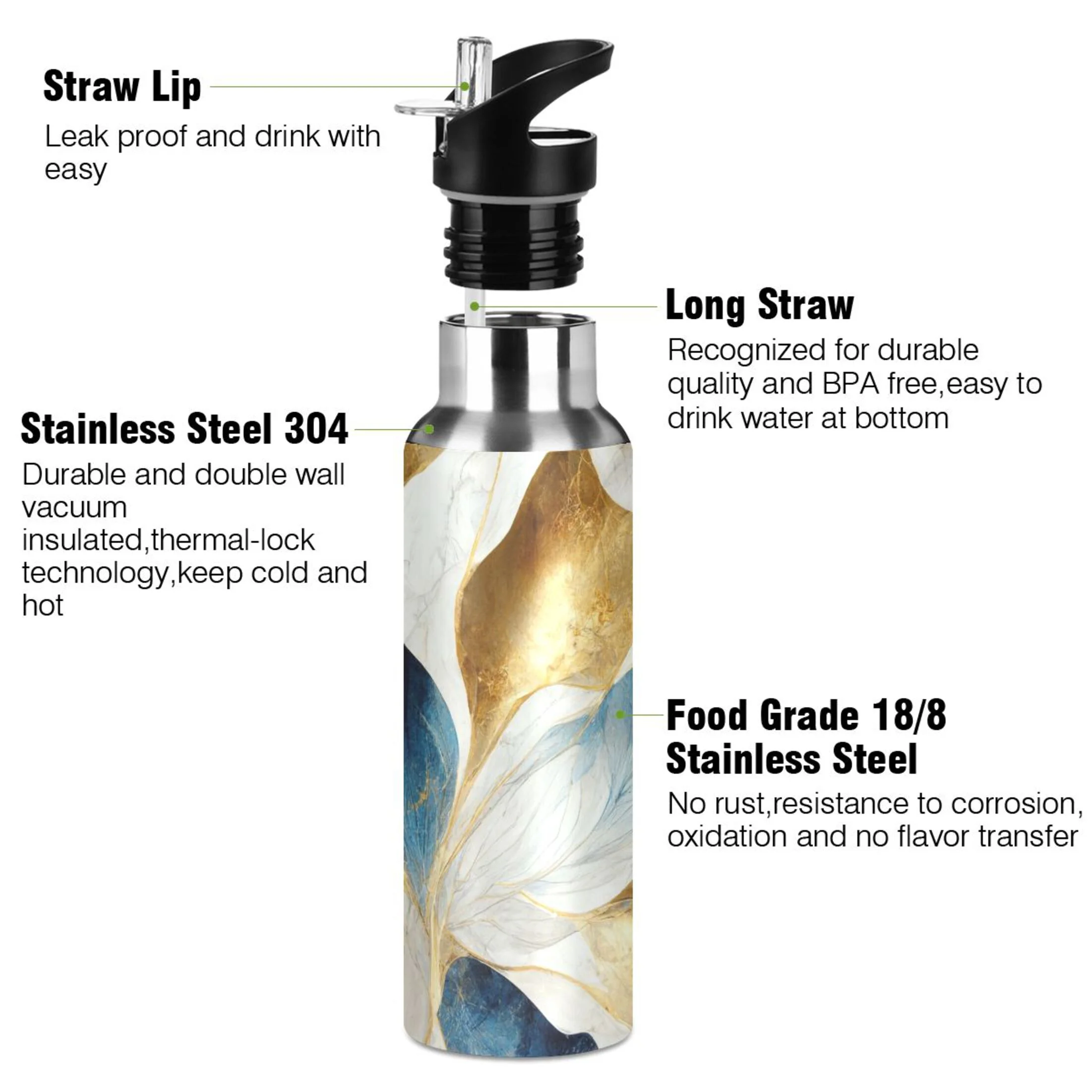 Stainless Steel Water Bottle Abstract Luxury Blue Gold Marble with Straw Lid Vacuum Insulated Leak Proof Flask Jug for Gym Travel Sports Cycling Outdoor 20 OZ