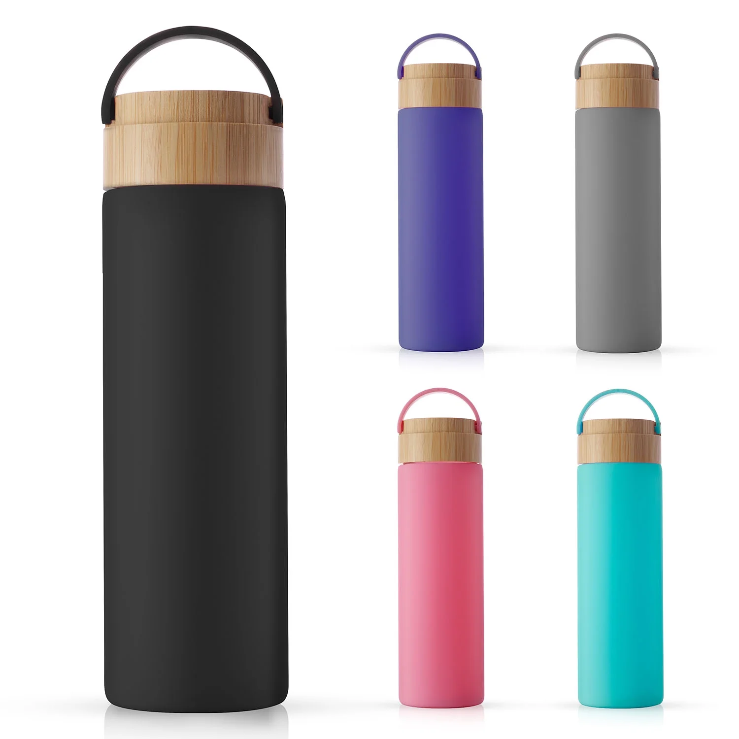 JoyJolt Glass Water Bottle with Silicone Sleeve & Carry Strap 20 oz - Black