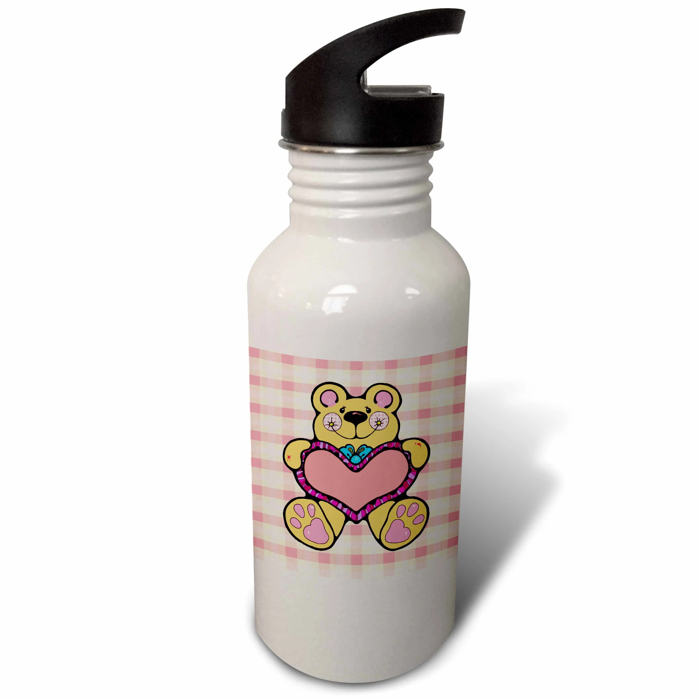 Country Style Valentine Teddy Bear Graphic Holding Heart Plaid Background 21 oz Sports Water Bottle wb-102476-1