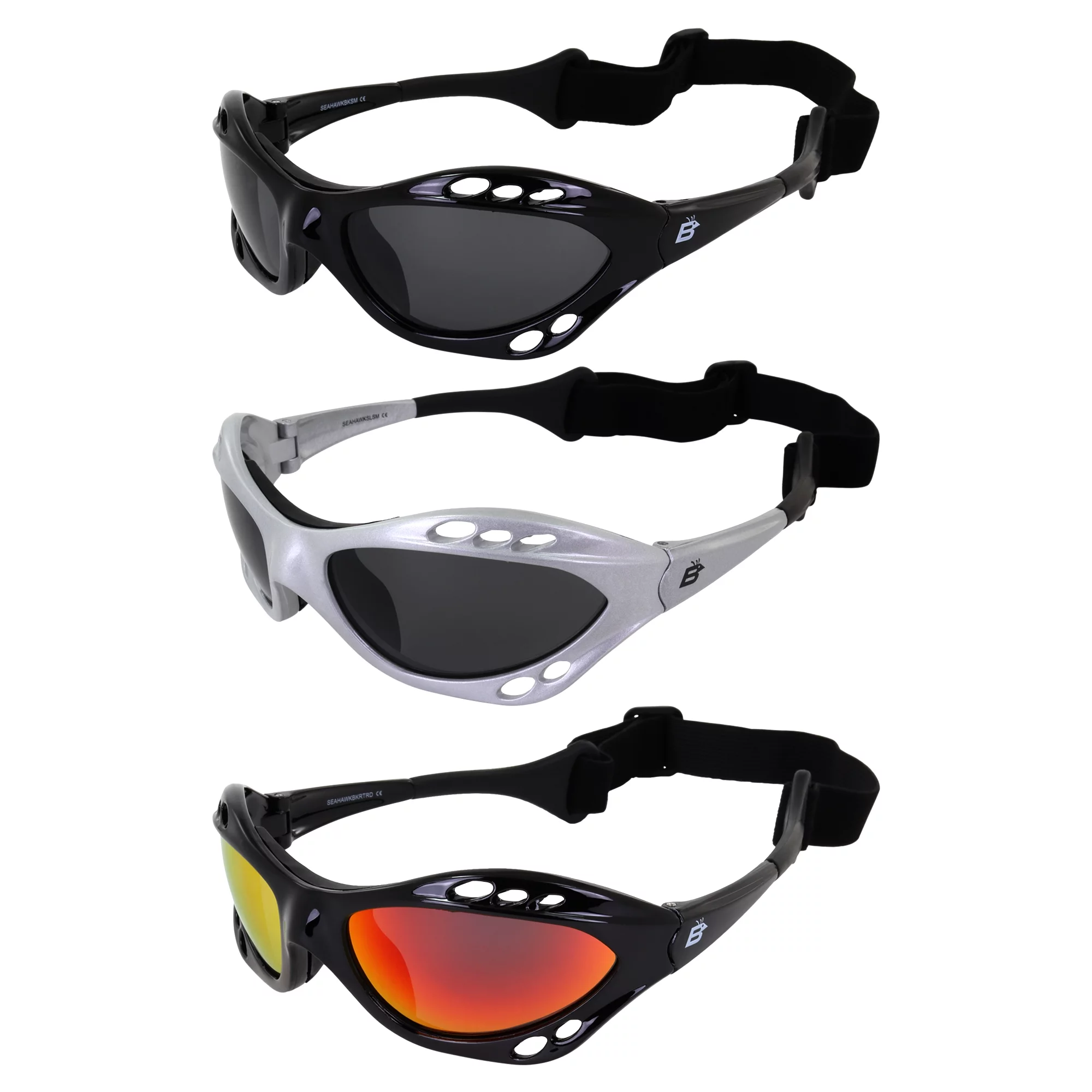 3 Pairs Birdz Seahawk Padded Polarized Sunglasses w/Strap Water Sports Surfing Kayaking Jetski Silver & Black Frames w/Smoke Lenses & Black Frame w/Red Mirror Lenses