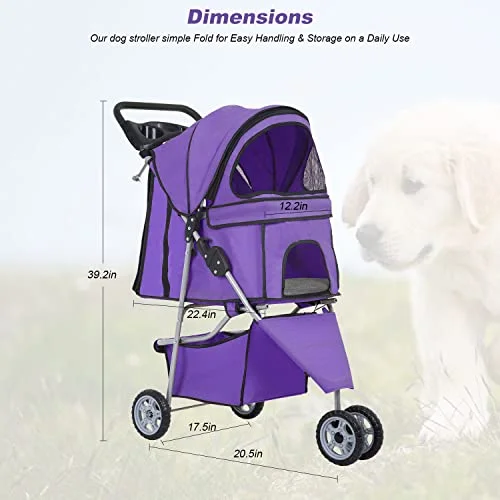 BLKMTY Dog Stroller Folding Dog Stroller for Medium Dogs Pet Stroller Cat Stroller 3 Wheels Travel Carrier Strolling Cart for Puppy Dog Jogger Stroller W/Cup Holder & Storage Basket, Purple