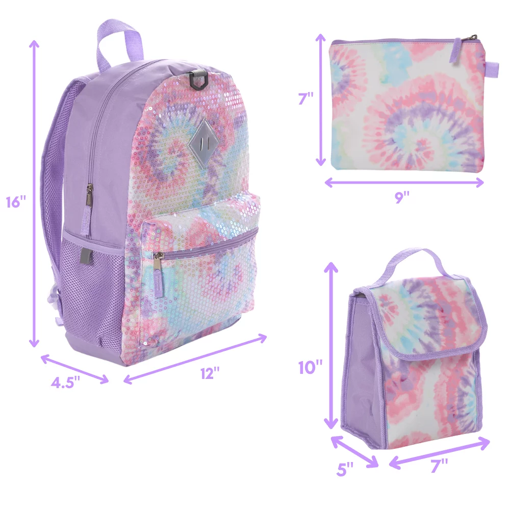 CLUB LIBBY LU Sequin Tie Dye Girls Backpack with Lunch Box and Water Bottle 6 Piece Set 16 inch Pink
