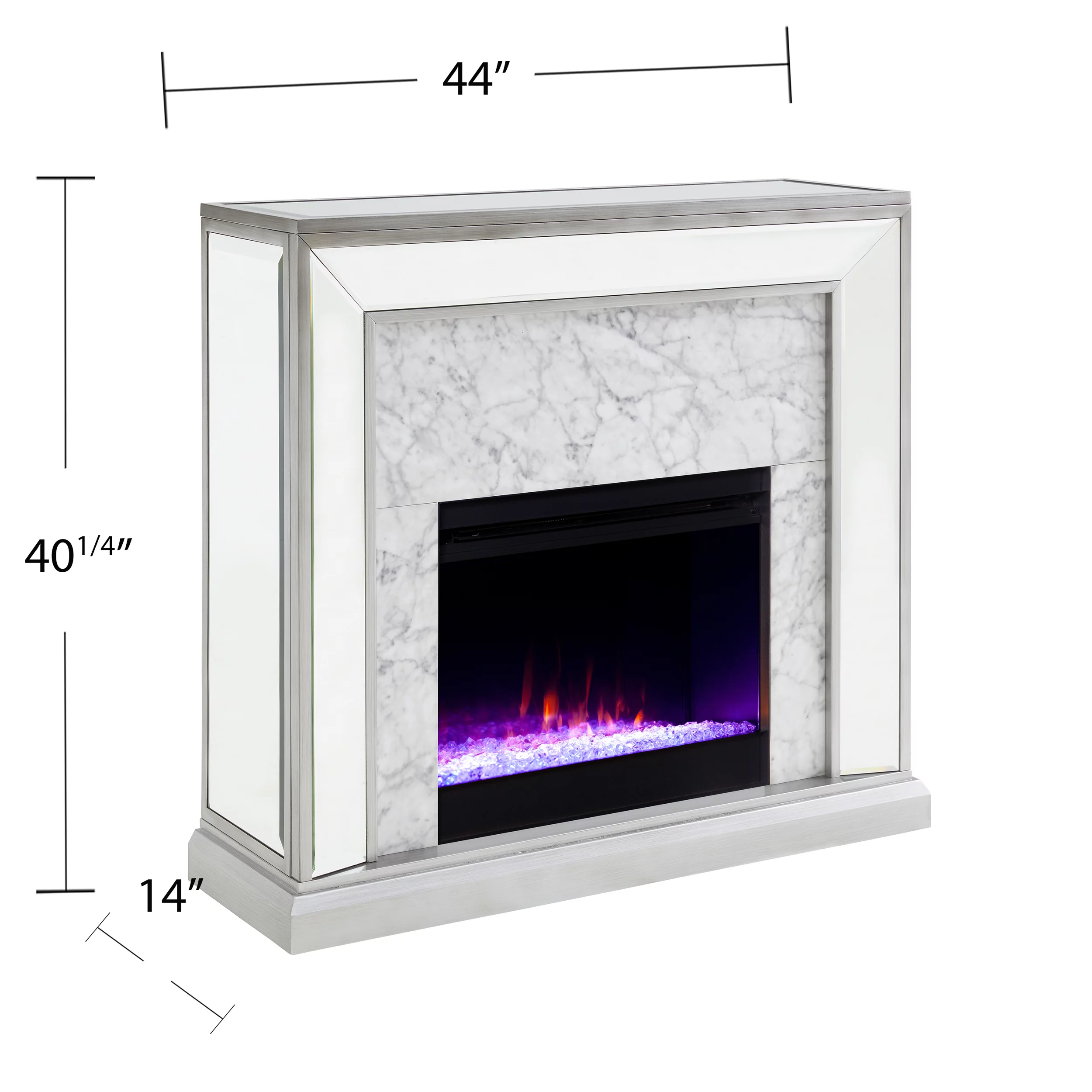 SEI Furniture Shroplynn Freestanding Mirrored Electric Fireplace in Antique Silver Finish with Marble