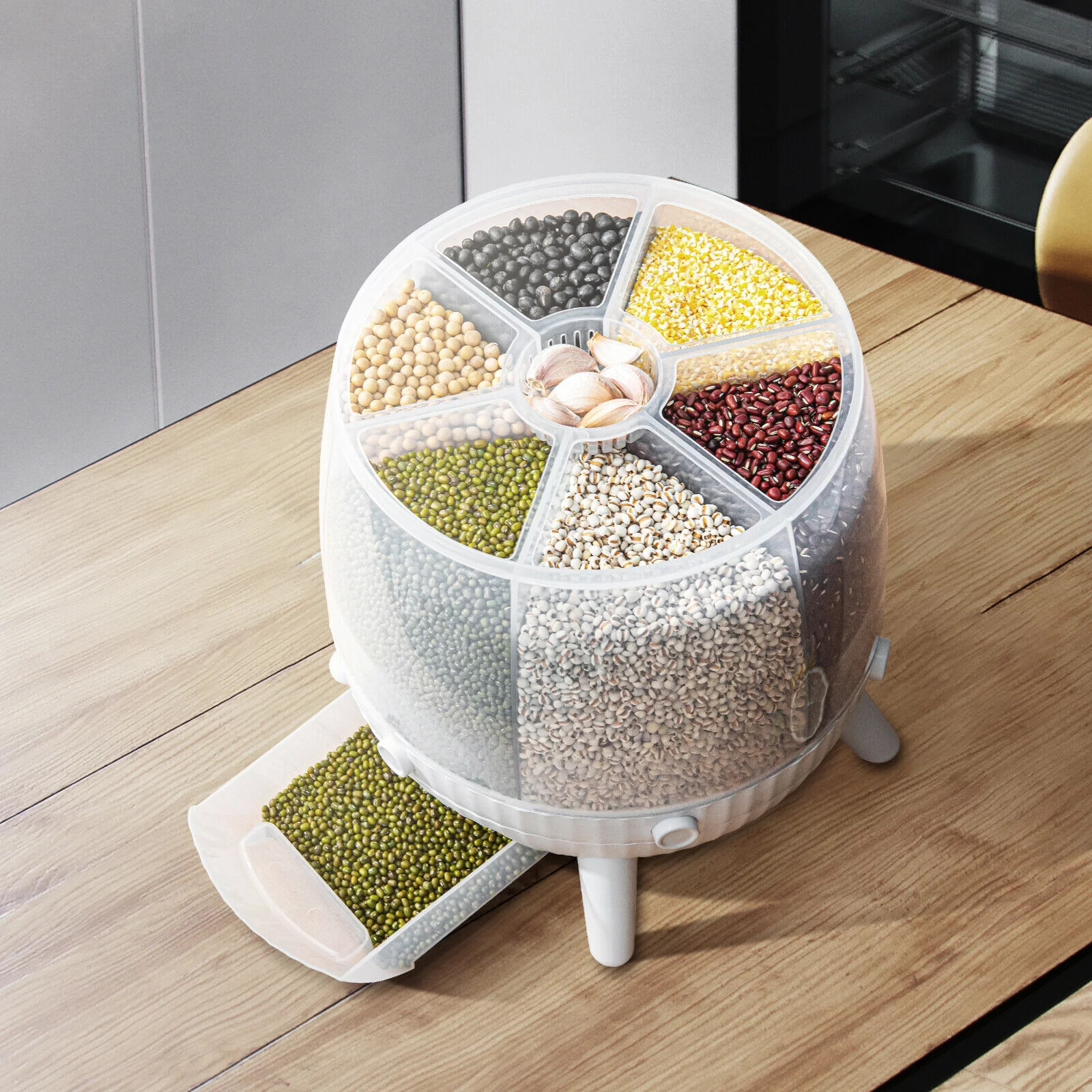 6kg 6 Grid Dry Food Dispenser Cereal Dispenser Rotating Grain Container Rice Storage Dry Food Box 9.84x9.84x11.81in
