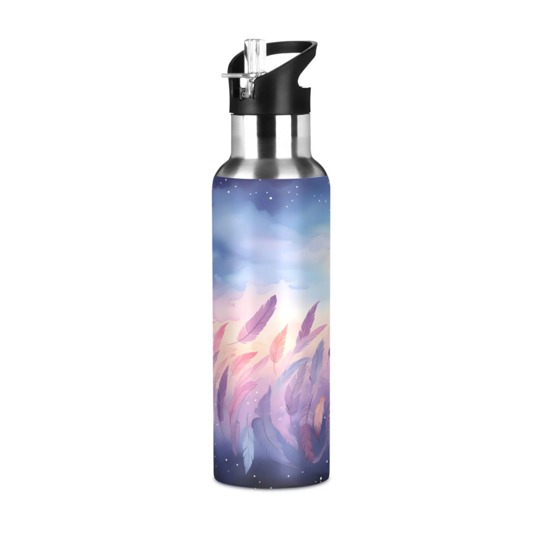 Water Bottle with Straw Lid Leak Feathers in Purple Stainless Steel Insulated Thermos Vacuum Flask for Cold Hot Drinking for Sports Camping Gym Yoga