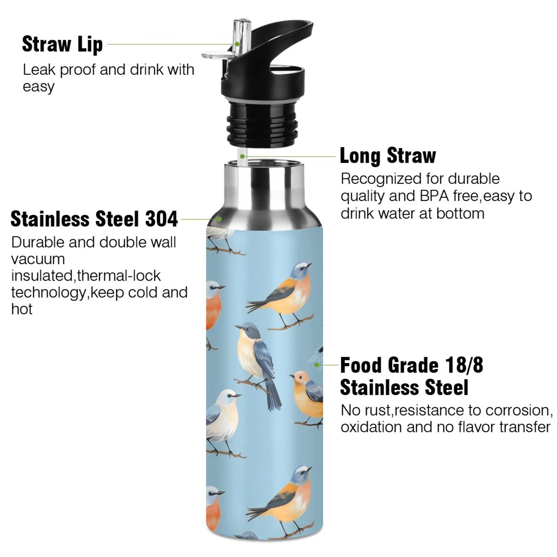 Birds on Blue Water Bottles Insulated Thermos Kids Stainless Steel Bottle with Straw Lid Flask Leakproof for Sports Gym 20 oz
