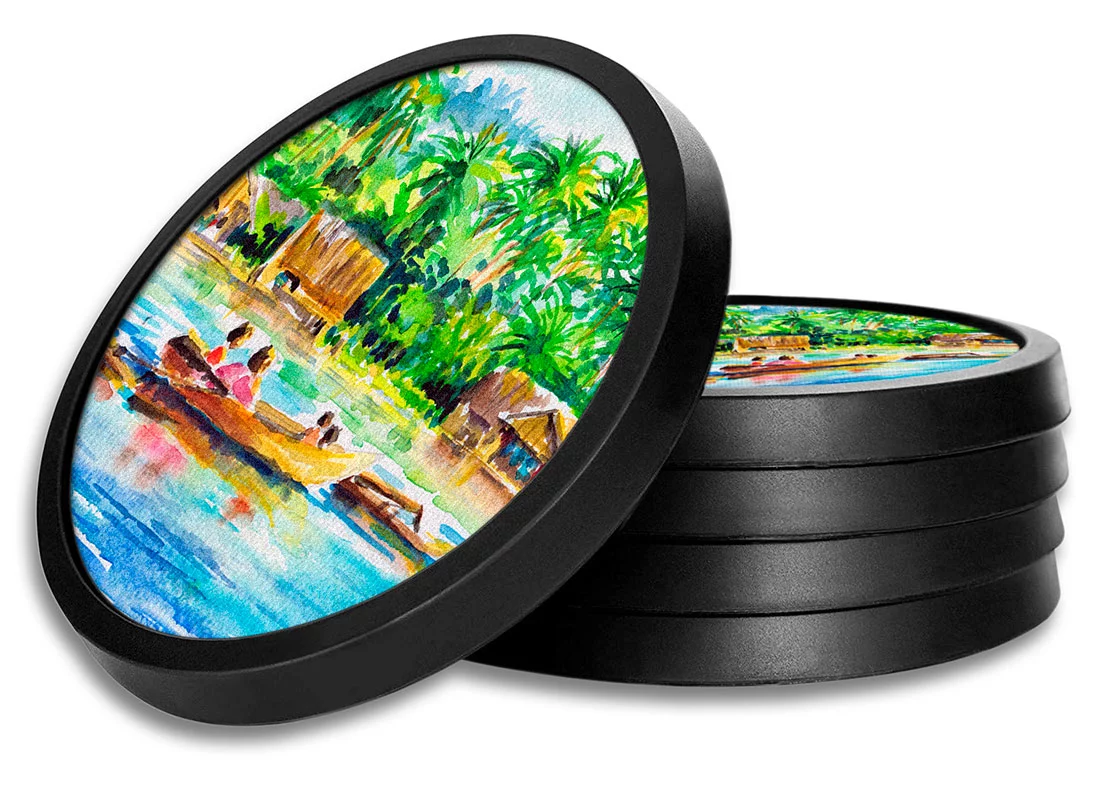 Silicone Non-Slip Drink Coasters with Removable Printed Absorbent Felt Pad - Set of 4 - Canoes on the River