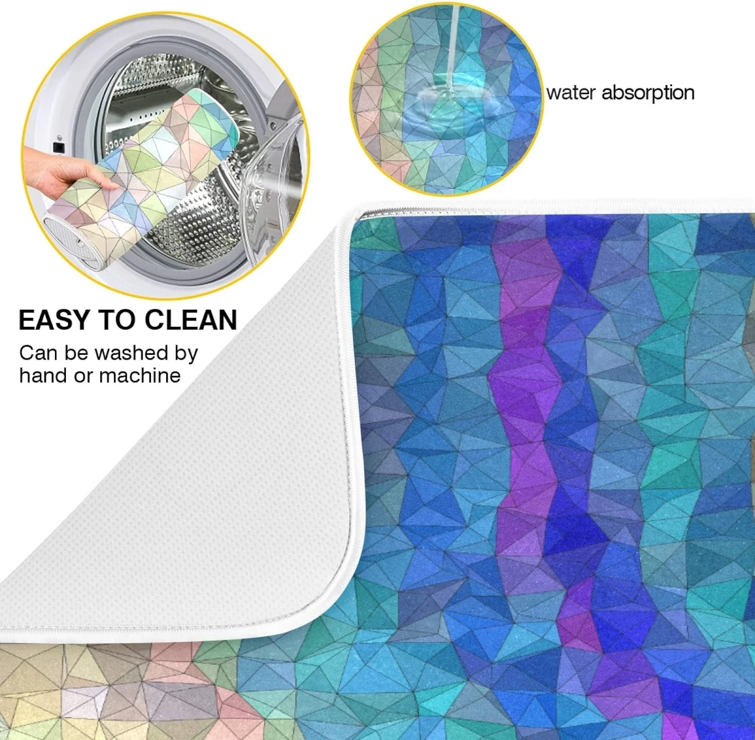 SKYSONIC Absorbent Dish Drying Mat Triangle Abstract Mosaic Colorful Tiles Kitchen Counter Mat Protector,Reversible,Extra Large 24 x 18 Inches