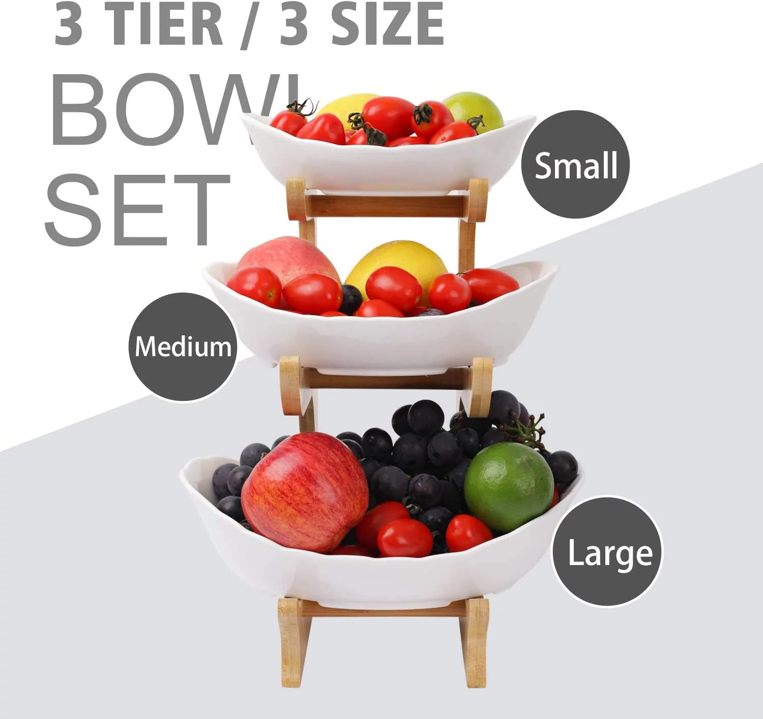 3 Tire Fruit Bowl Ceramic Fruit Basket Bowl With Natural Bamboo Stand Kitchen Storage Stand Bowl