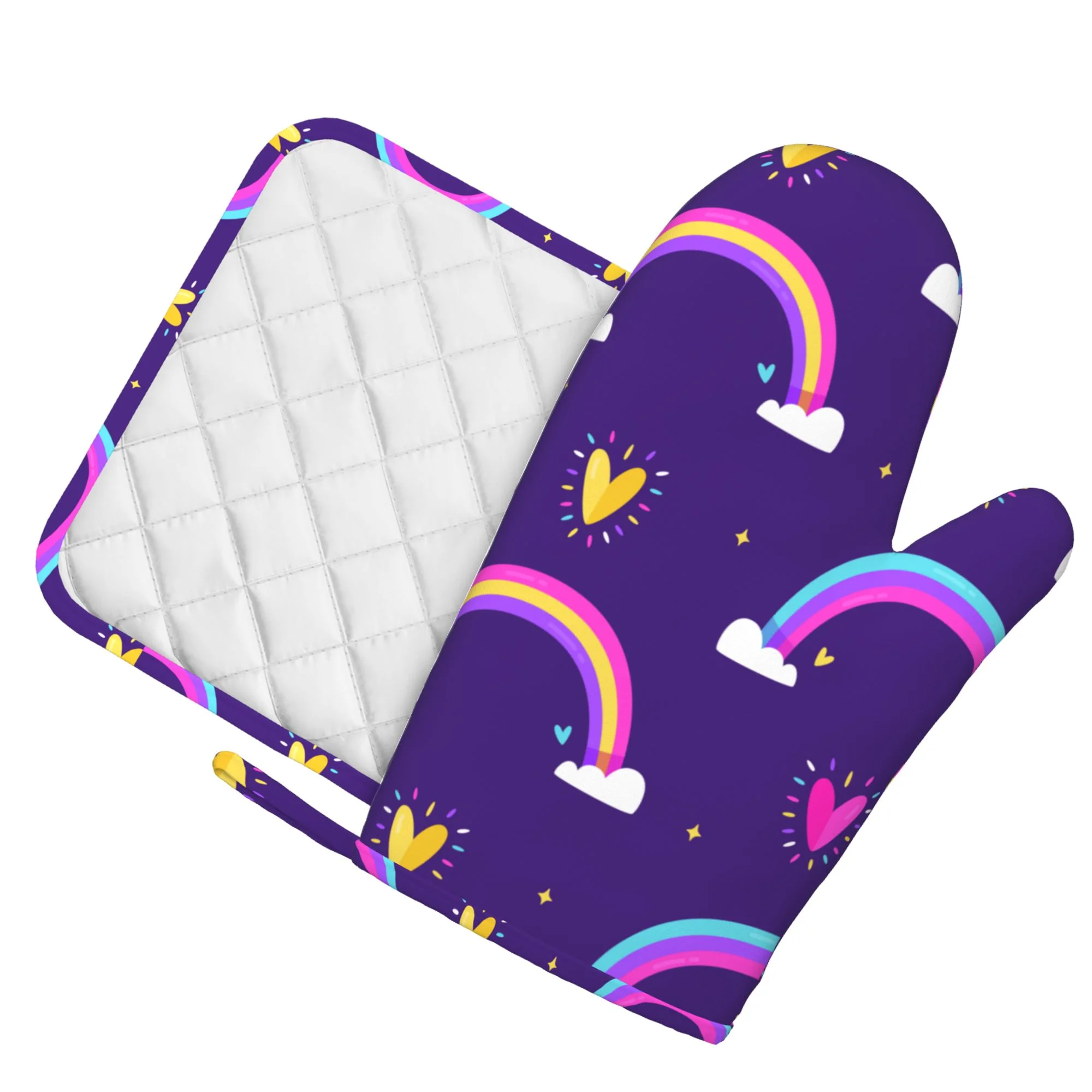 LAKIMCT Rainbow Cloud Heart Silicone Oven Mitts and Pot Holders Sets Kicthen Oven Gloves Hot Pads Potholders Left Mitt for Baking, Sets of 2