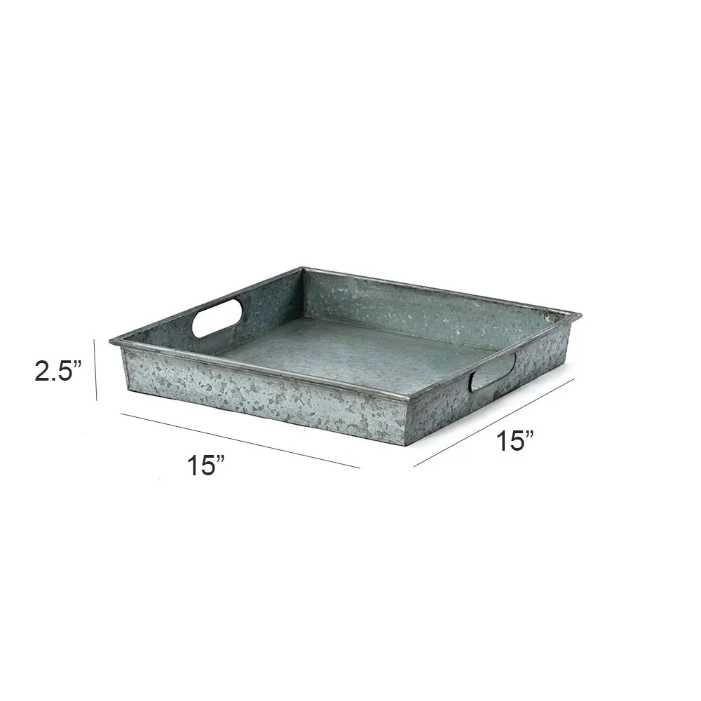 Benzara Square Galvanized Metal Tray With Handle Gray- Saltoro Sherpi