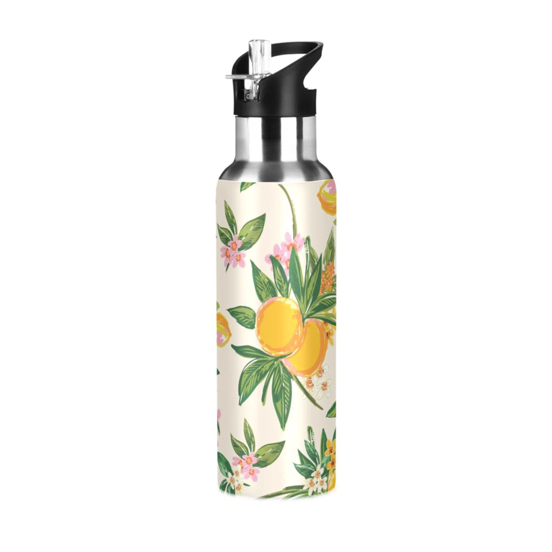 Lemon with Floral Spring Water Bottles Insulated Thermos Kids Stainless Steel Bottle with Straw Lid Flask Leakproof for Sports Gym 20 oz