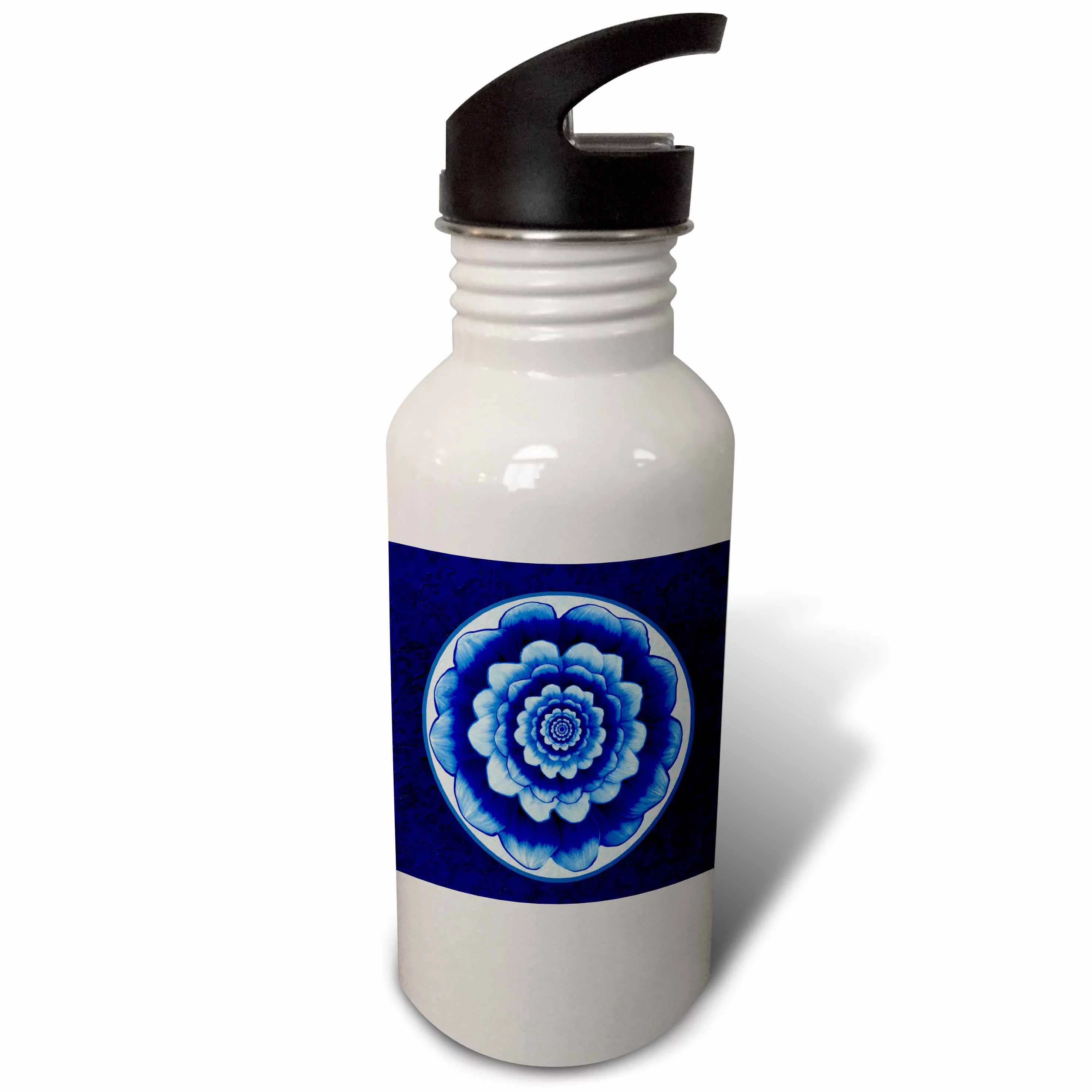 Pastel blue and cobalt fantasy mandala flower on royal blue background 21 oz Sports Water Bottle wb-31753-1