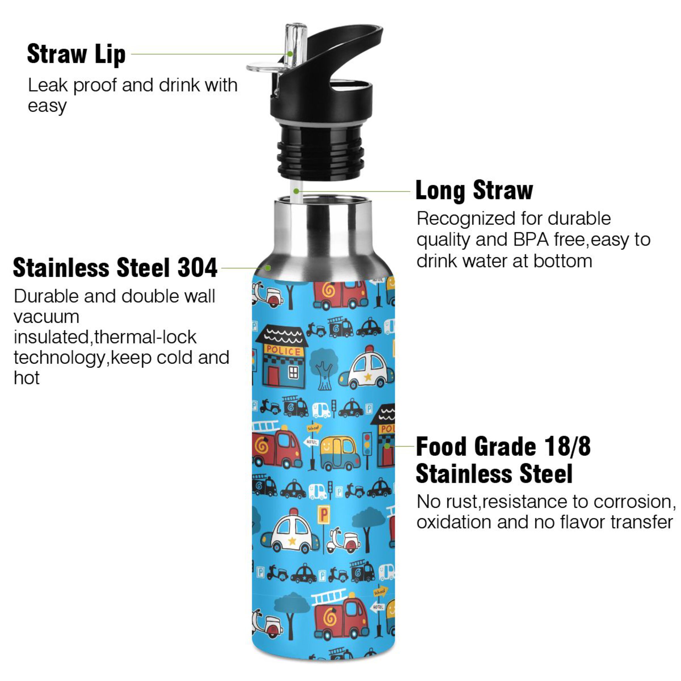 Vehicles Cartoon Trucks Cars Water Bottles Insulated Thermos Kids Stainless Steel Bottle with Straw Lid Flask Leakproof for Sports Gym 20 oz