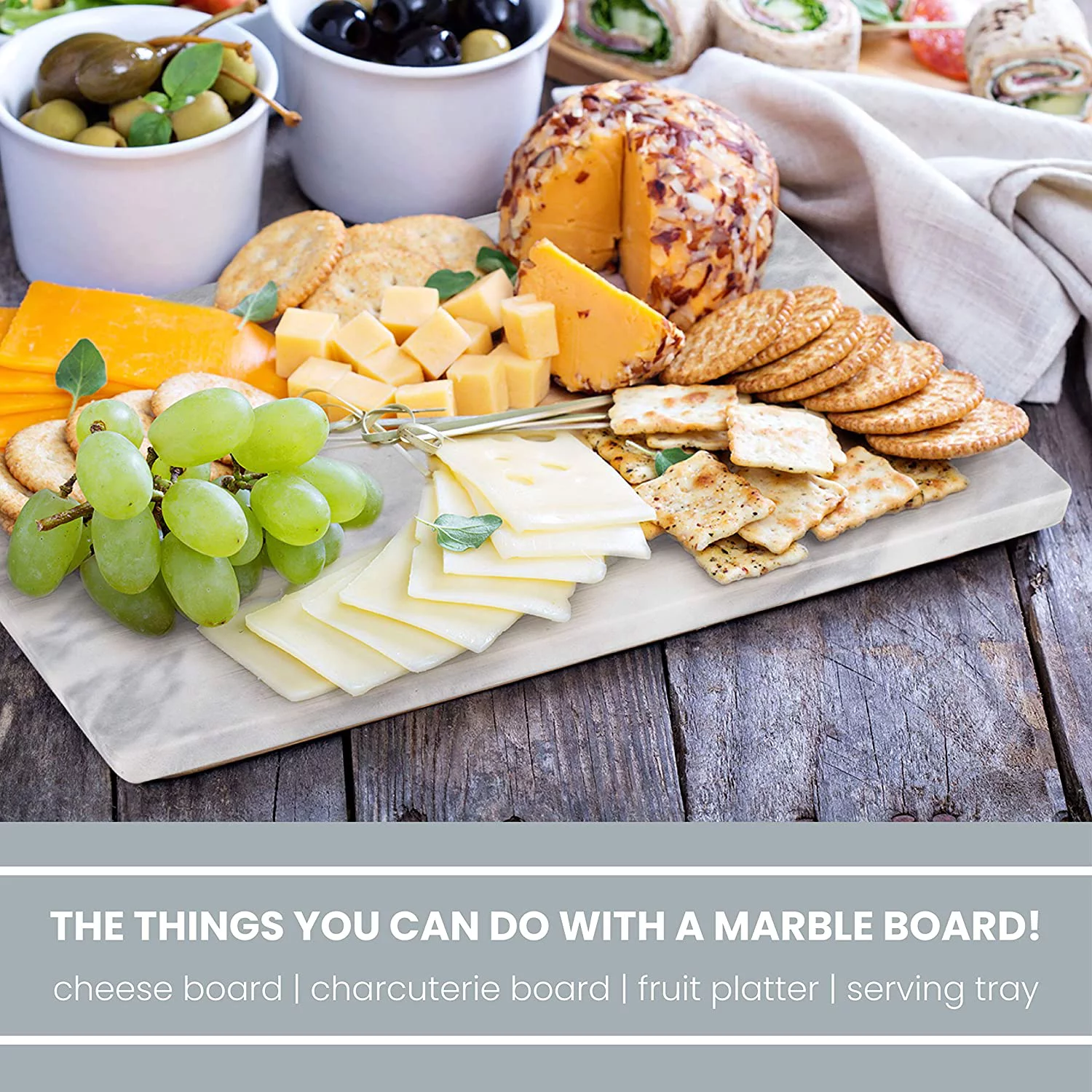 Homeries Marble and Cutting Pastry Board (12 x 16 Inches) - Marble Serving Tray for Cheese, Pastries, Bread - Large White Fancy Marble Slab for Cake Display Marble