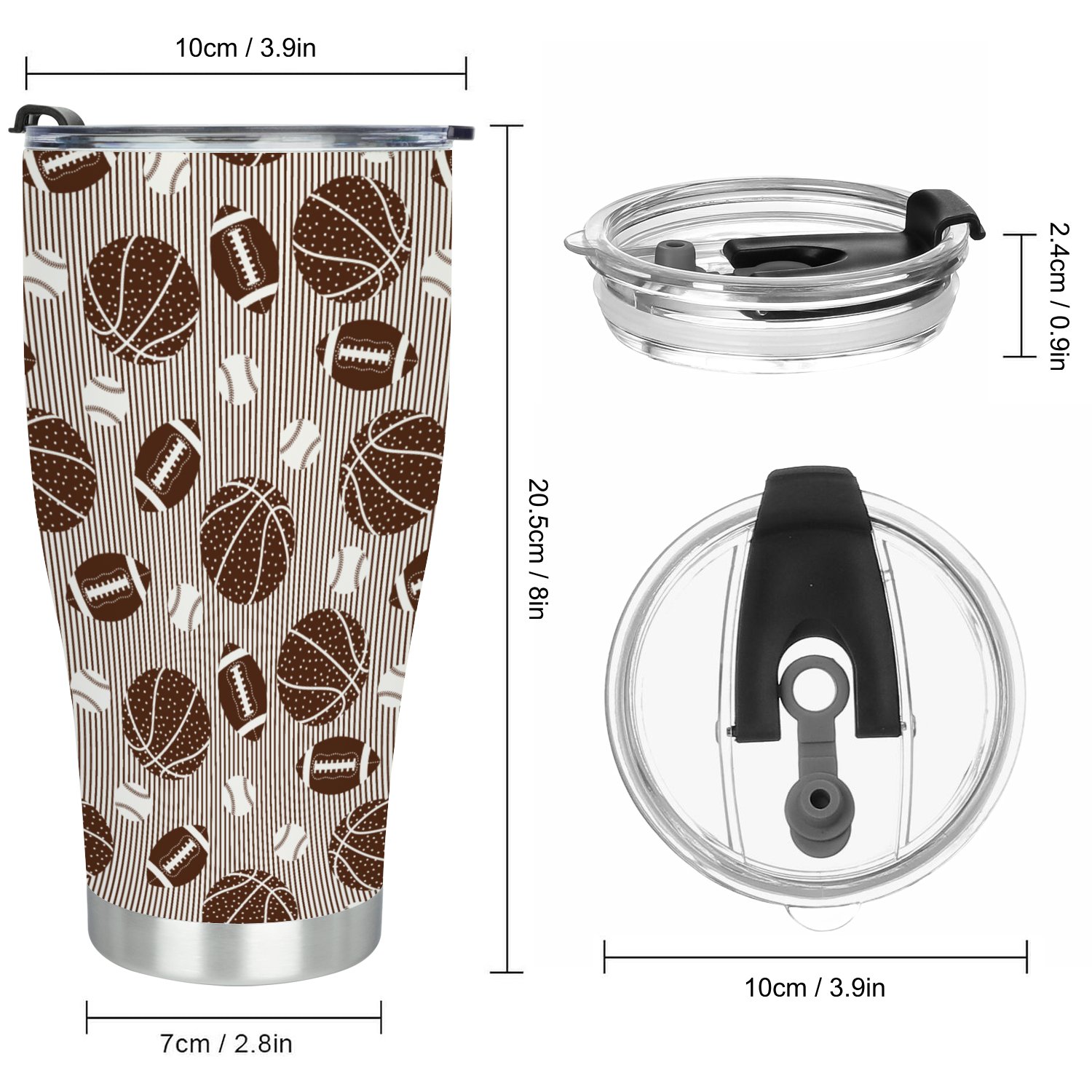 Hidove Stainless Steel Tumbler, American Football, Baseball & Basketball Vector Pattern 30oz Leak Proof & Stainless Steel Bottle for Hot & Cold Drinks - Coffee Travel Mug
