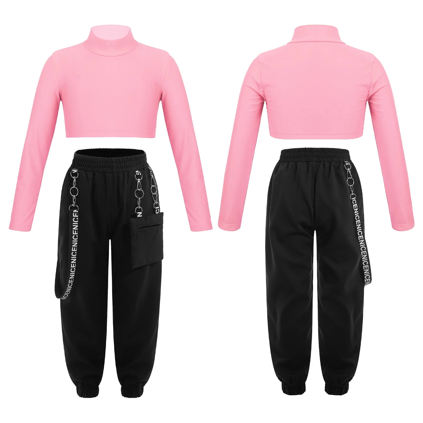 iiniim Kids Girls 2-Piece Hip Hop Dance Outfits Long Sleeve Mock Neck Crop Tops with Chain Pocket Sweatpants