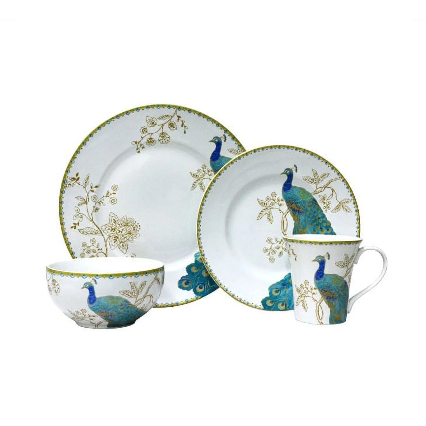 222 Fifth Peacock Garden Porcelain Dinnerware Set, 16-piece, Blue/Gold/White