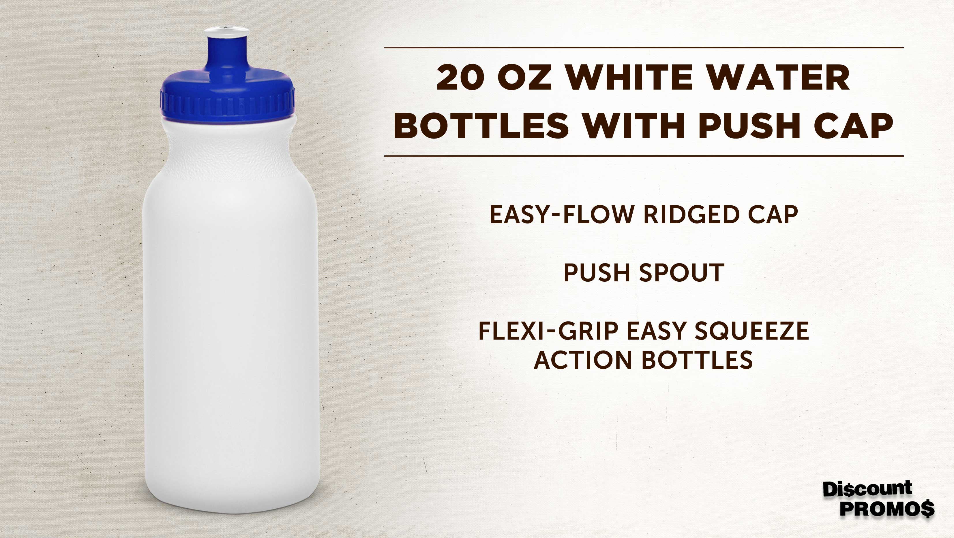 White Water Bottles with Push Cap 20 oz. Set of 10, Bulk Pack - Reusable, Squeezable Bottles - White Blue