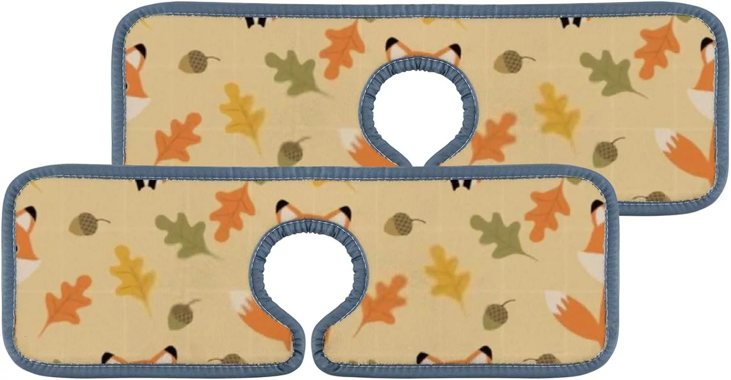 SKYSONIC Faucet Absorbent Mat 3 Pcs Cute Fox and Autumn Leaves Kitchen Faucet Splash Catcher Washable Counter Drying Pads Behind Faucet for Kitchen Bathroom