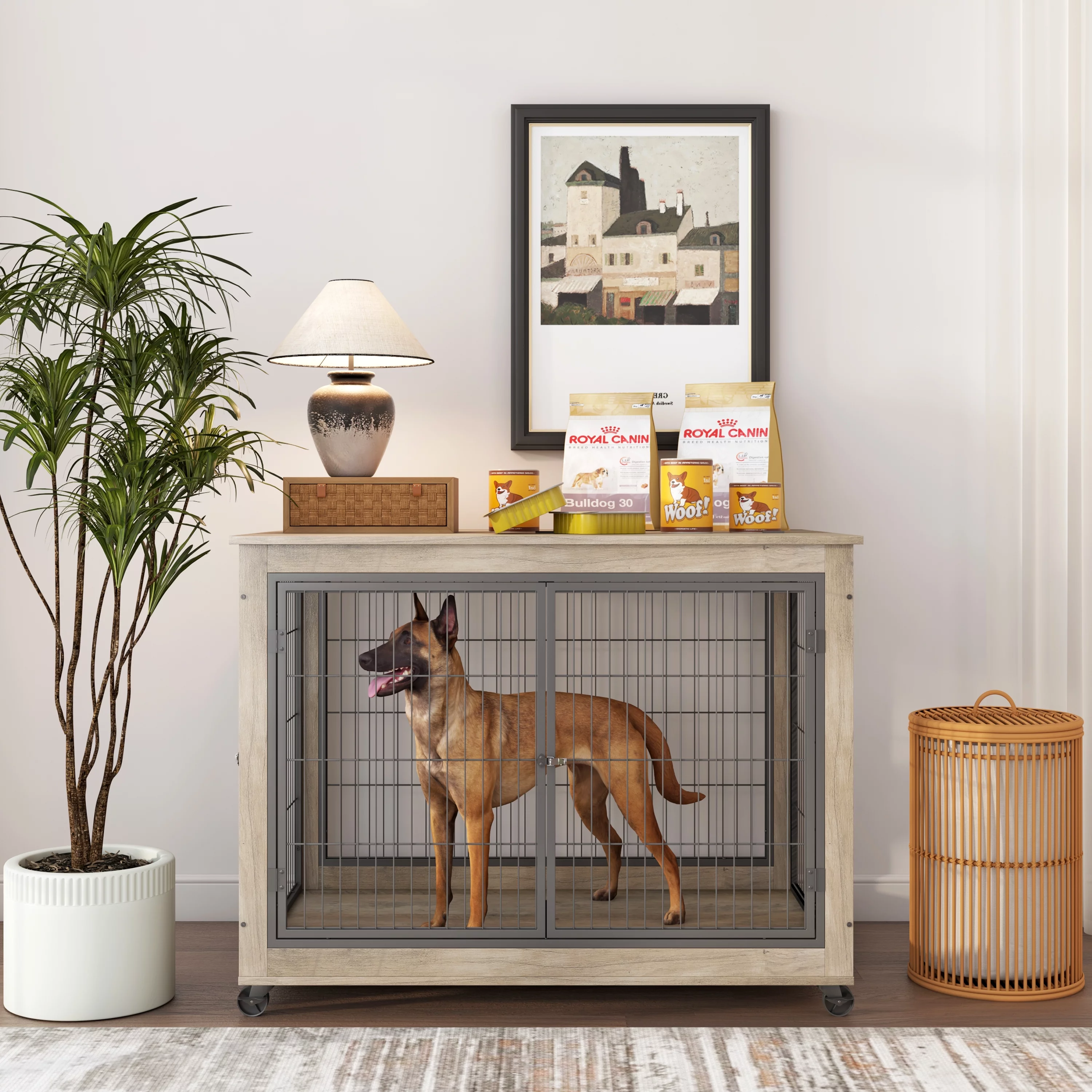Furniture Style Dog Crate Side Table on Wheels with Double Doors and Lift Top.（Grey,43.7’’w x 30’’d x 31.1’’h）