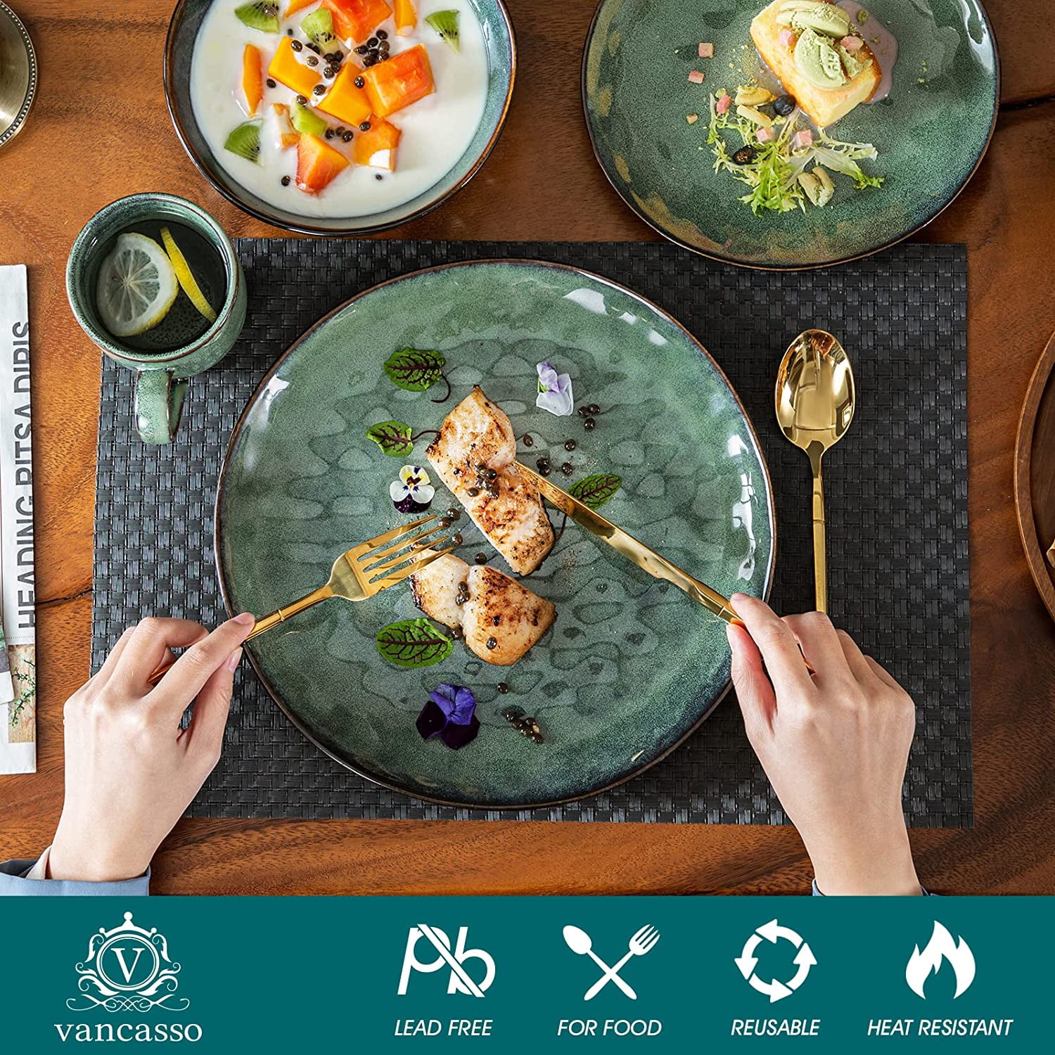 12 Pieces Blue-Green Dinnerware Set, Reactive Change Glaze Dinner Set, Plates and Bowls Set