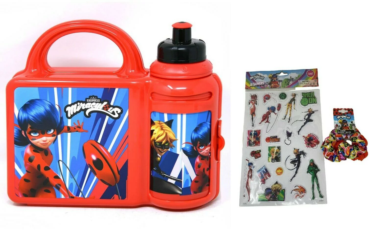 3 ITEM Miraculous Ladybug Lunch Box with Water Bottle- Sticker & Hair Elastic