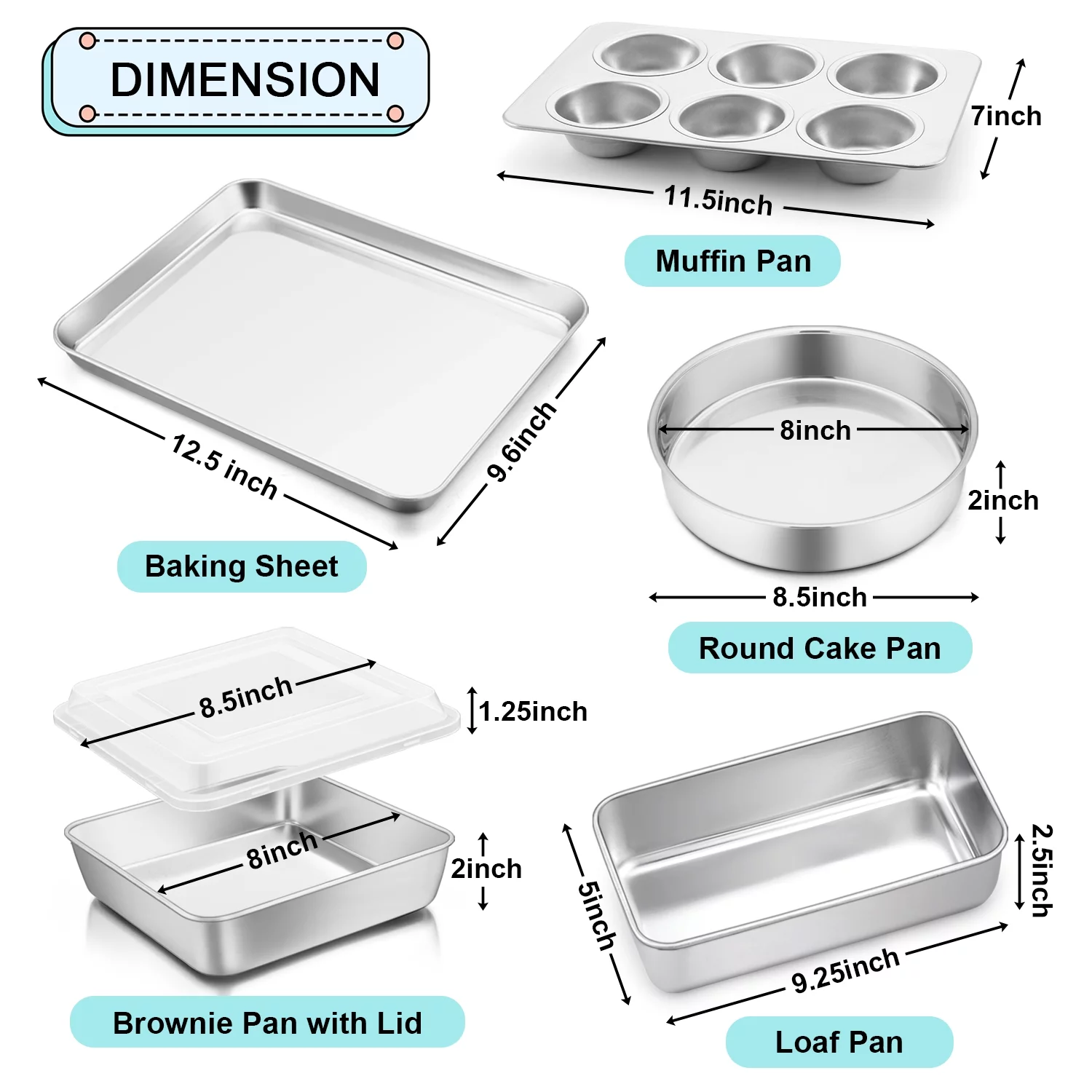 Walchoice Stainless Steel Bakeware Set of 6, Metal Toaster Oven Pans, Professional Baking Pans Include Cookie Sheet, Loaf & Muffin Pan
