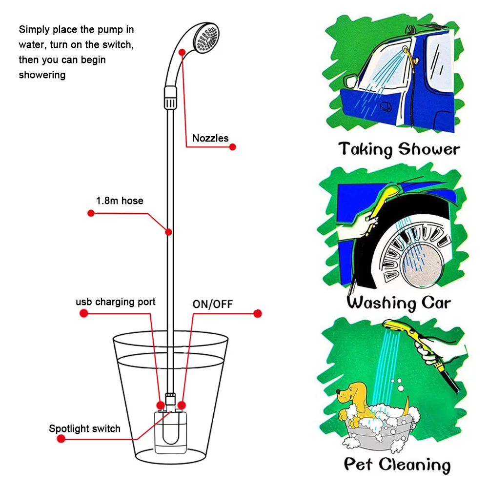 Tomshoo Compact Design Portable Shower Camping Shower Handheld Electric USB Rechargeable Shower Compact Multifunctional Car Washing Showerhead